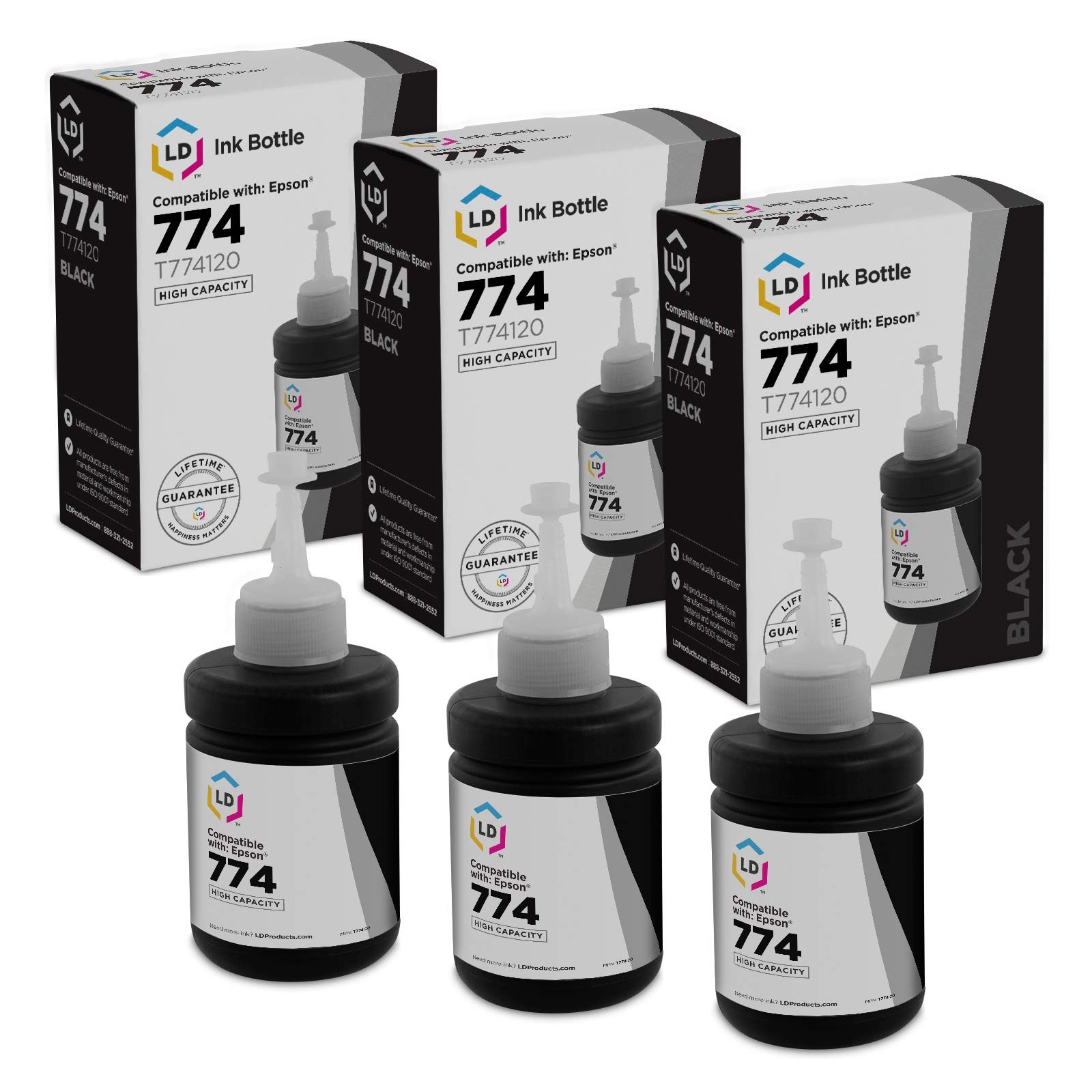 Compatible Ink Bottle Replacement for Epson 774 T774120 High Cap (Blk, 3-Pk)