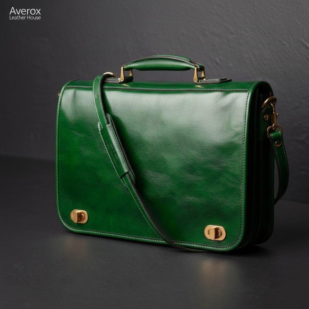 Luxury Green Full Grain Leather Briefcase Mens Laptop Messenger Bag Handmade Sat