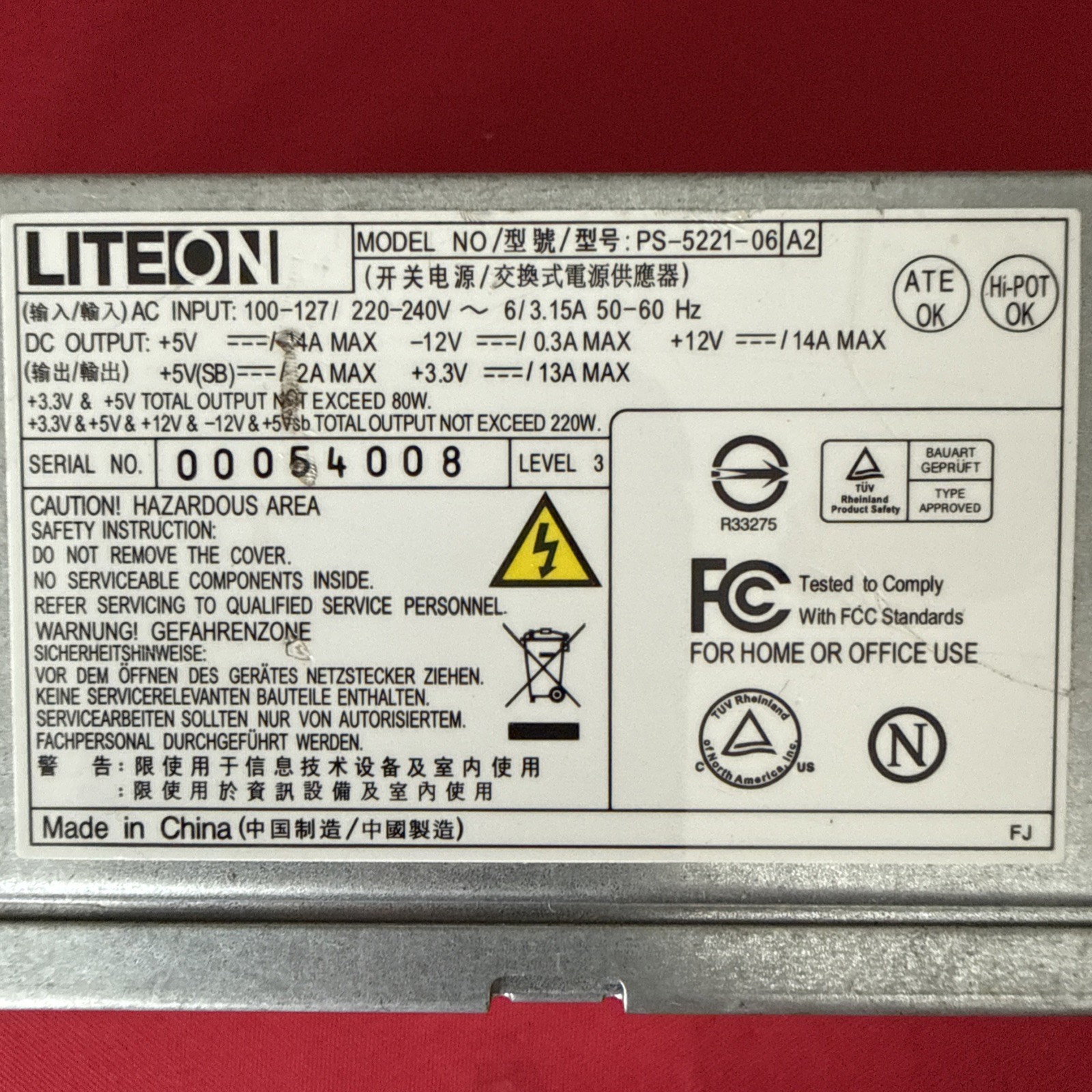 Lite-On PS-5221-06A2 220-W Power Supply for Acer, eMachines, Desktop