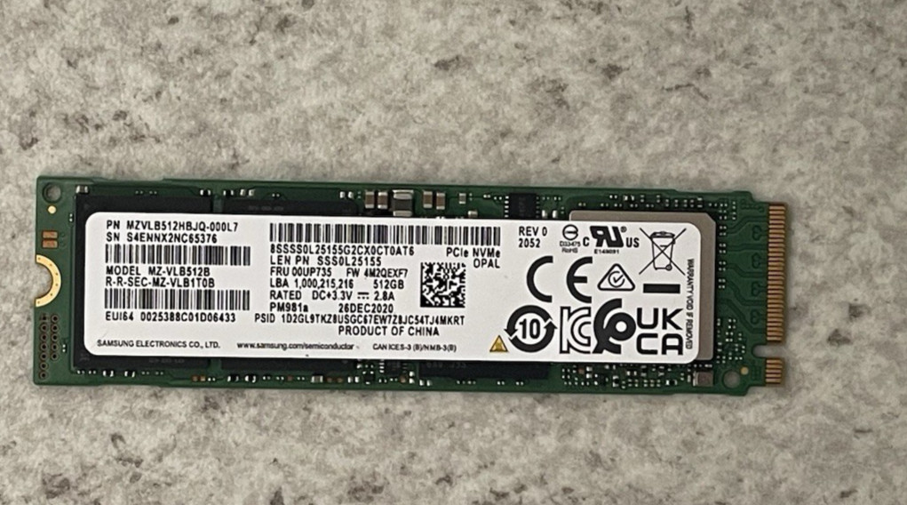 Samsung SSD 512GB M2 M.2 NVMe PCIe Internal - Fully Functional