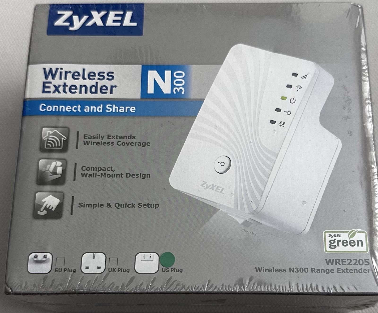 ZyXEL WRE2205 N300 WiFi Range Extender 2.4GHz WPS 1-Port RJ-45 White