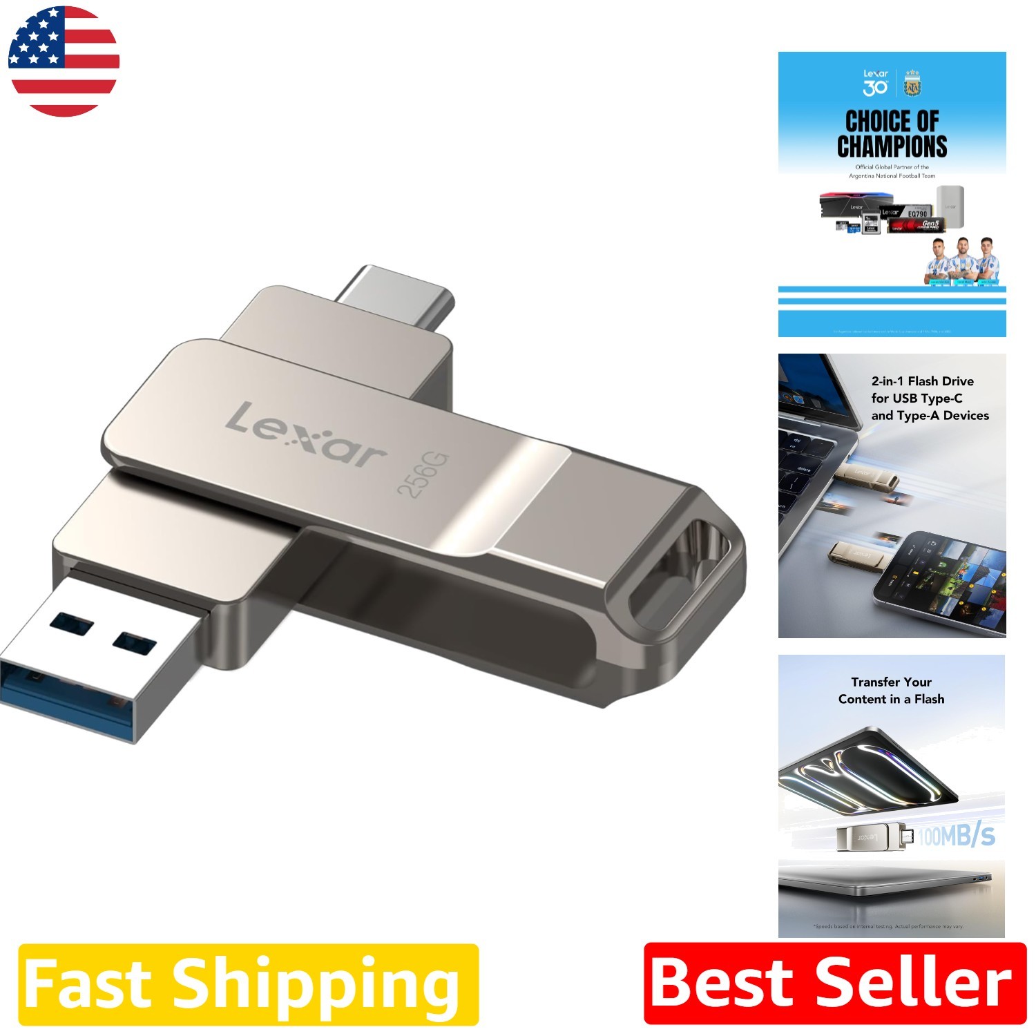 256GB USB-C Flash Drive - Fast 100MB/s, Metal Housing, OTG Swivel Design