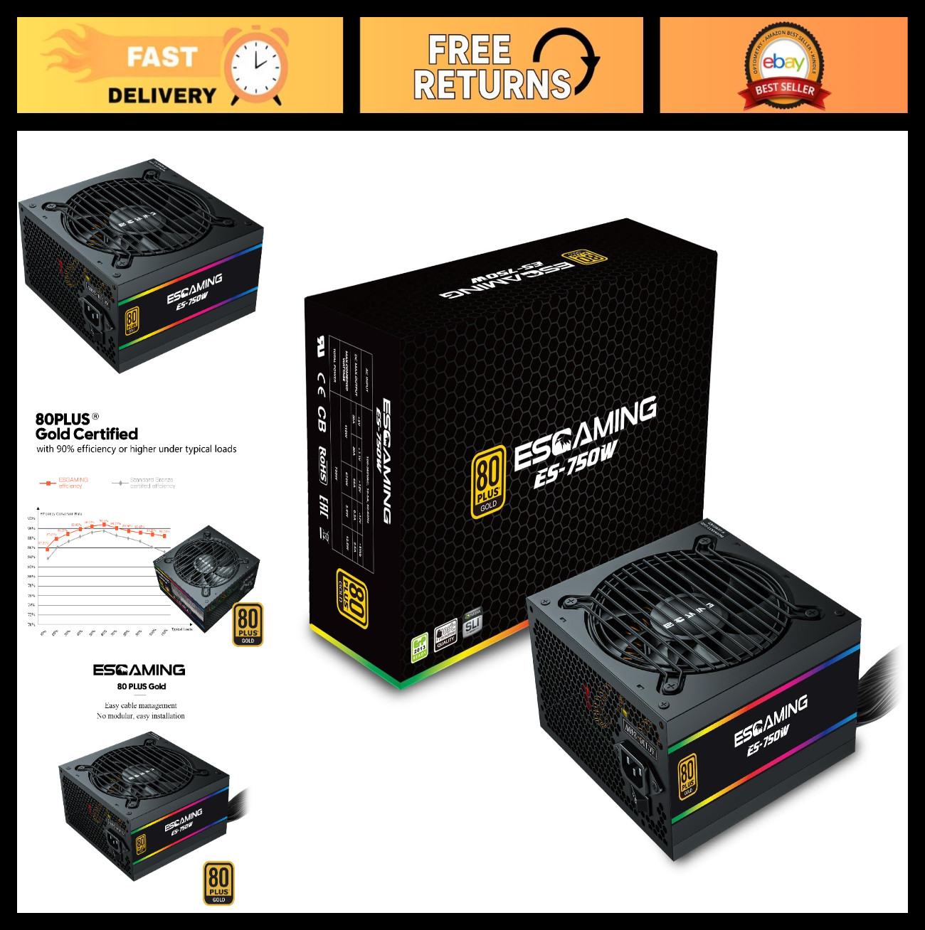 750W Non-Modular Power Supply, 80 Plus Gold, Active PFC, Quiet 120mm Fan for Gam