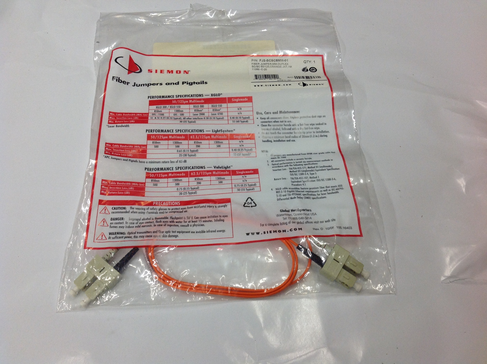 Siemon FJ2-SCSC5MM-01 Fiber Jumper MM Duplex SC/SC 50/125 Orange JKT 1M11350C20