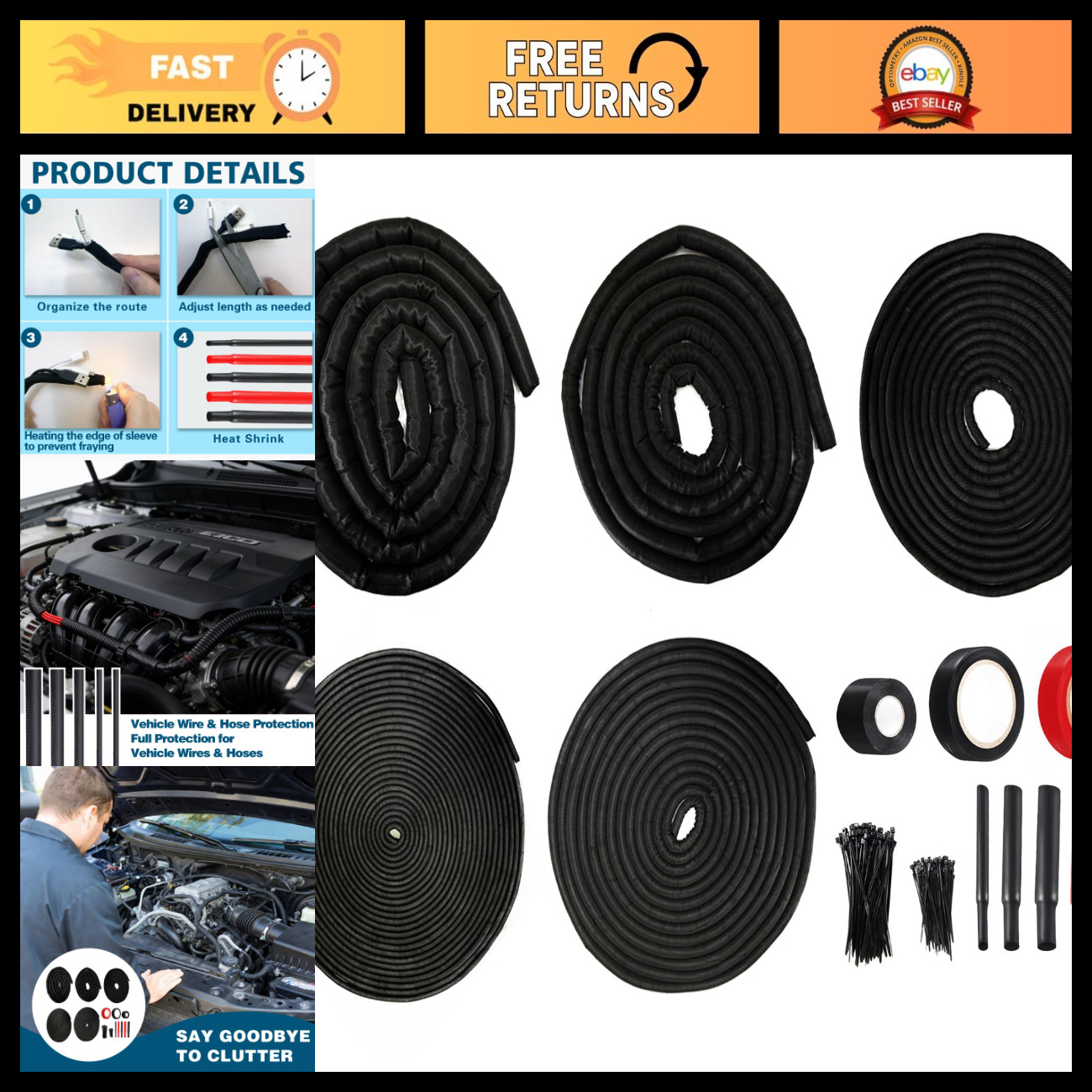 Cable Management Split Wire Loom Kit - High Temp Resistant Tubing, Pet Proof Org