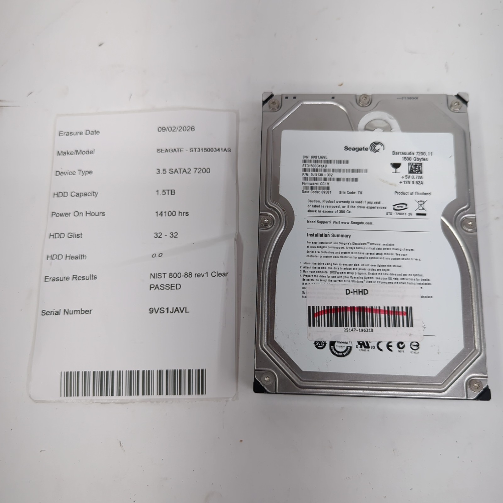 1.5TB Hard Drive Seagate Barracuda 3.5" SATA HDD 7200.11 ST31500341AS 7200RPM
