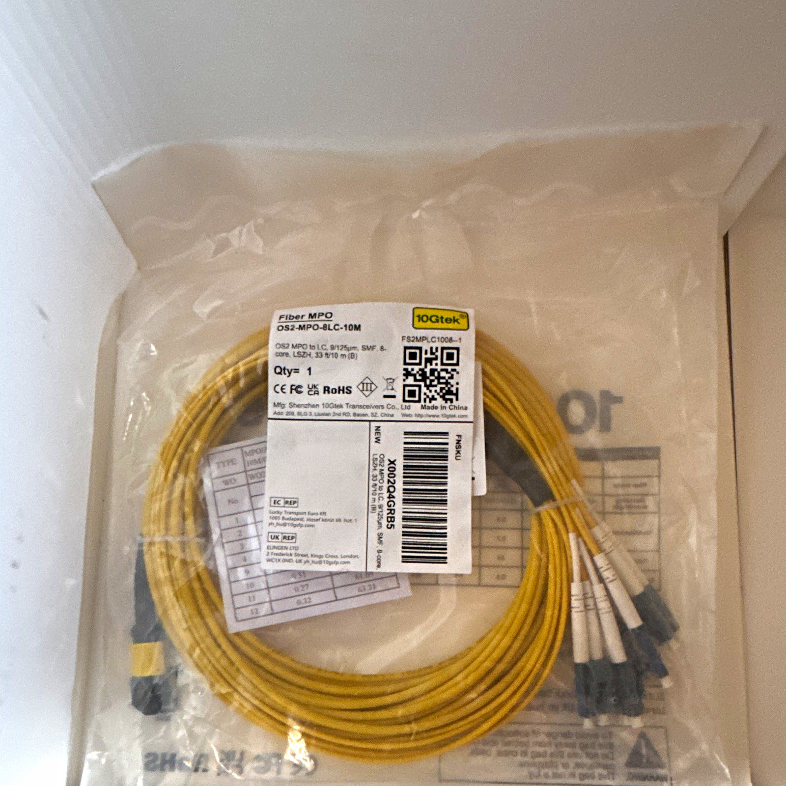 NEW 10Gtek OS2-MPO8-LC-10M 10M MPO to 4x LC Duplex Single Mode Fiber Cable