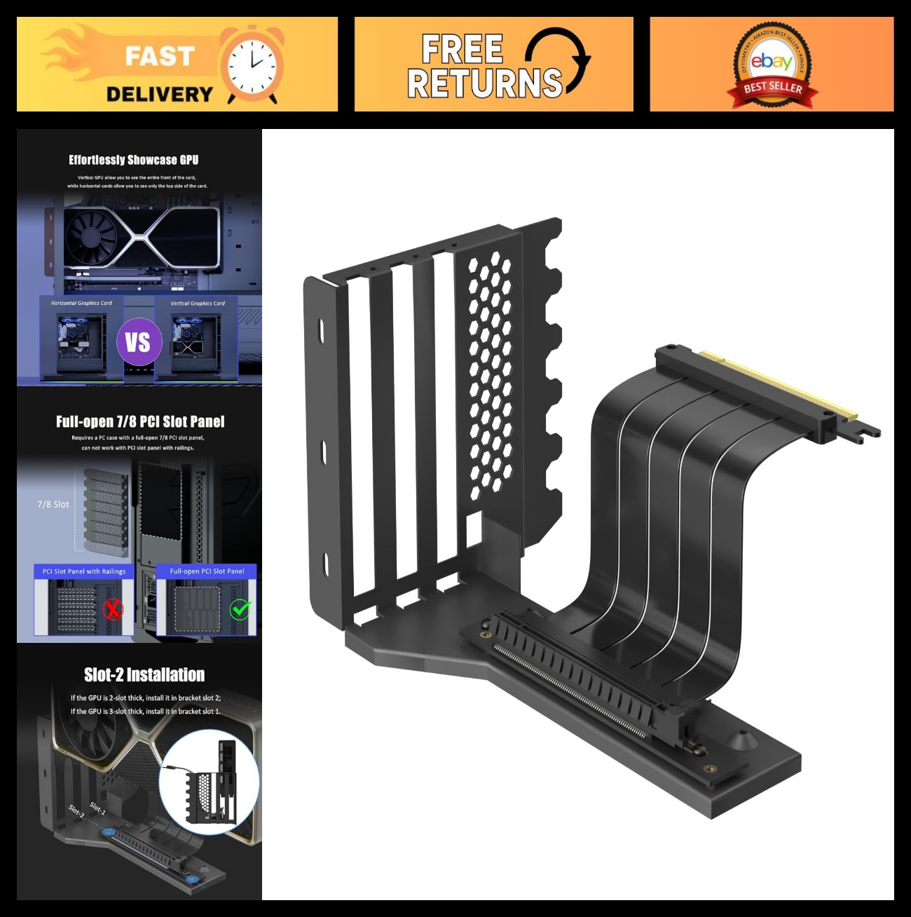 Vertical GPU Mount Bracket PCIe 4.0, 2-Slot & 7-Slot Open Panel for Installation