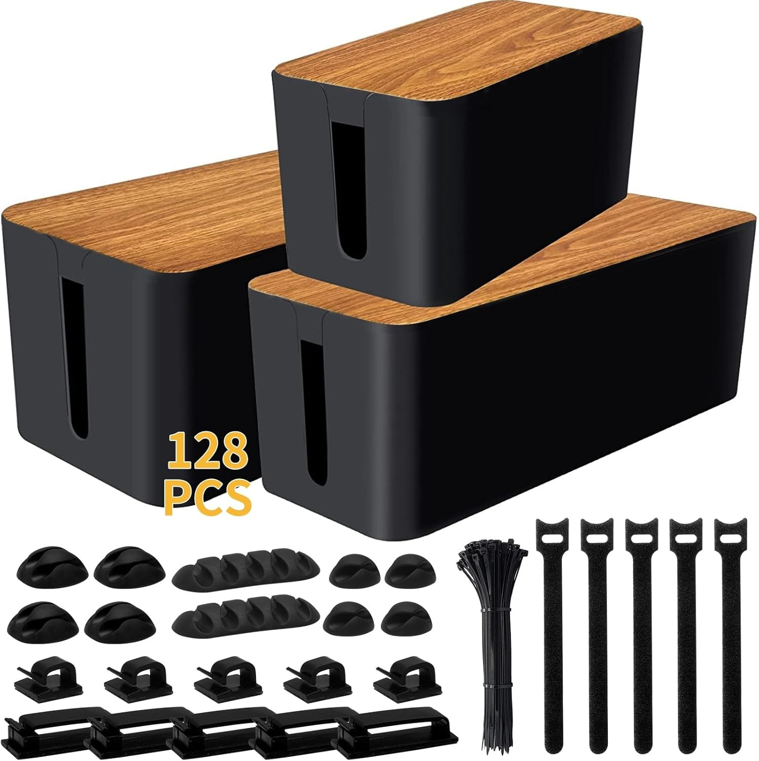 3 Pack Cable Management Box Kit with Cord Organizer Set 128 Pcs for Power Strip