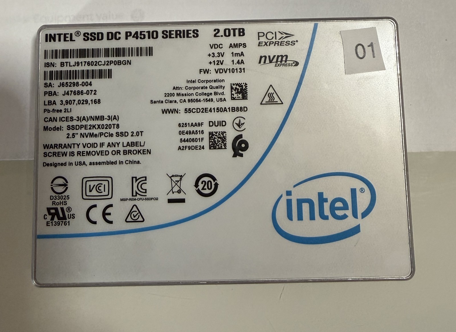 Intel DC P4510 2TB U.2 NVMe SSD SSDPE2KX020T8 4% Used SMART Report Included