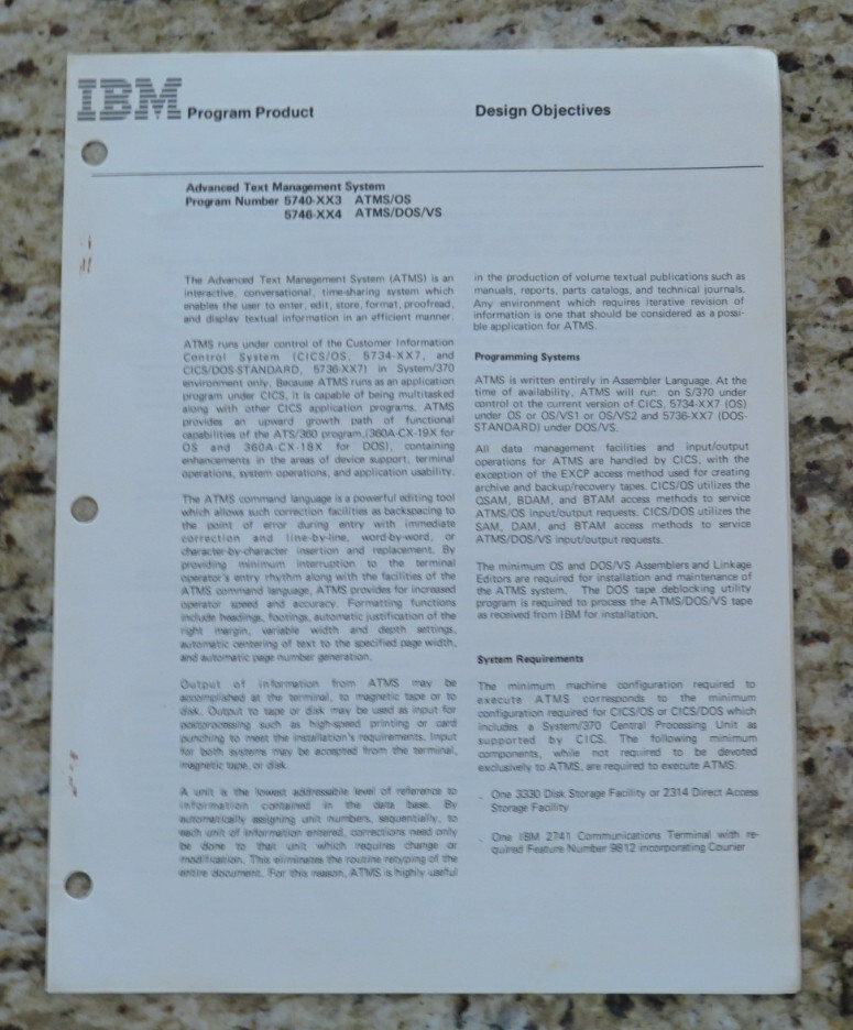 Vintage IBM Program Product/Design Objectives Pamphlet ATMS/OS, DOS/VS Dtd 1973