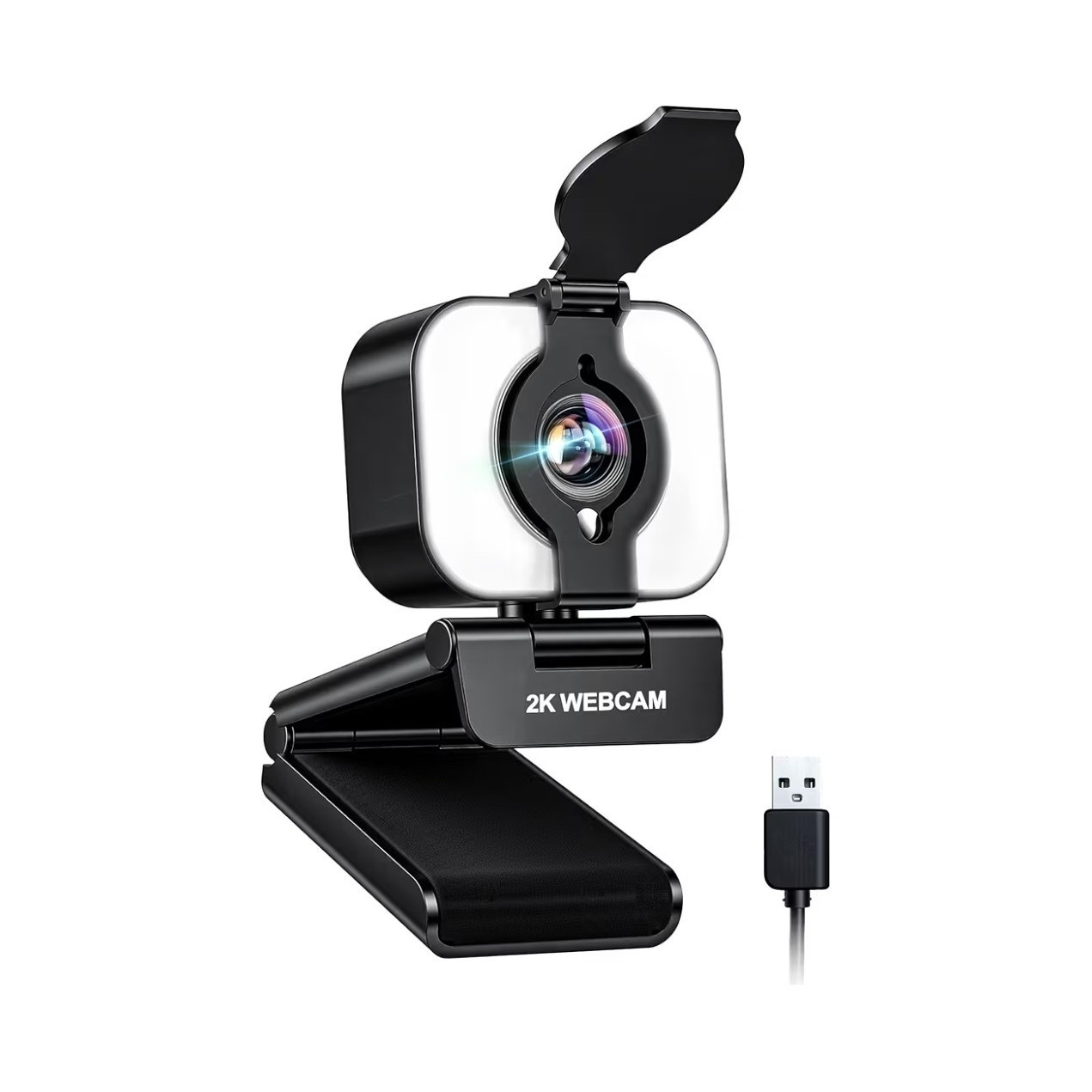 Atatat 2K QHD Webcam USB, Ring Light, Privacy Cover, Built-in Microphone, Black
