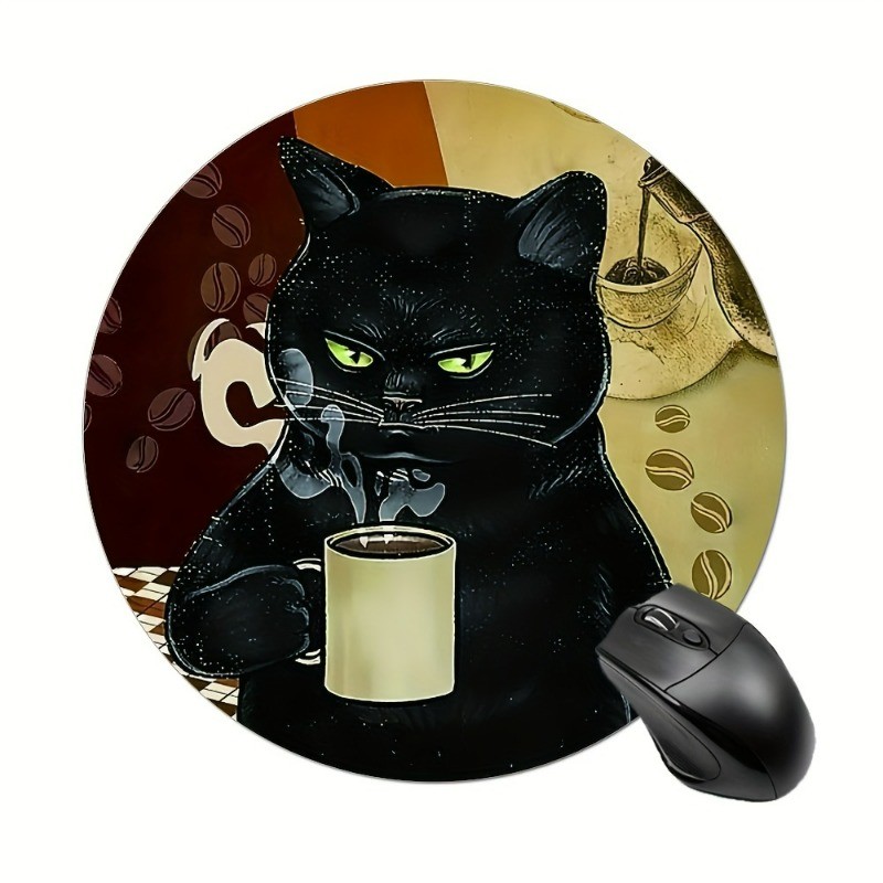 Caffeine Cat Mouse Pad: Retro Coffee Lover Desk Accessory for Home Office & Gift