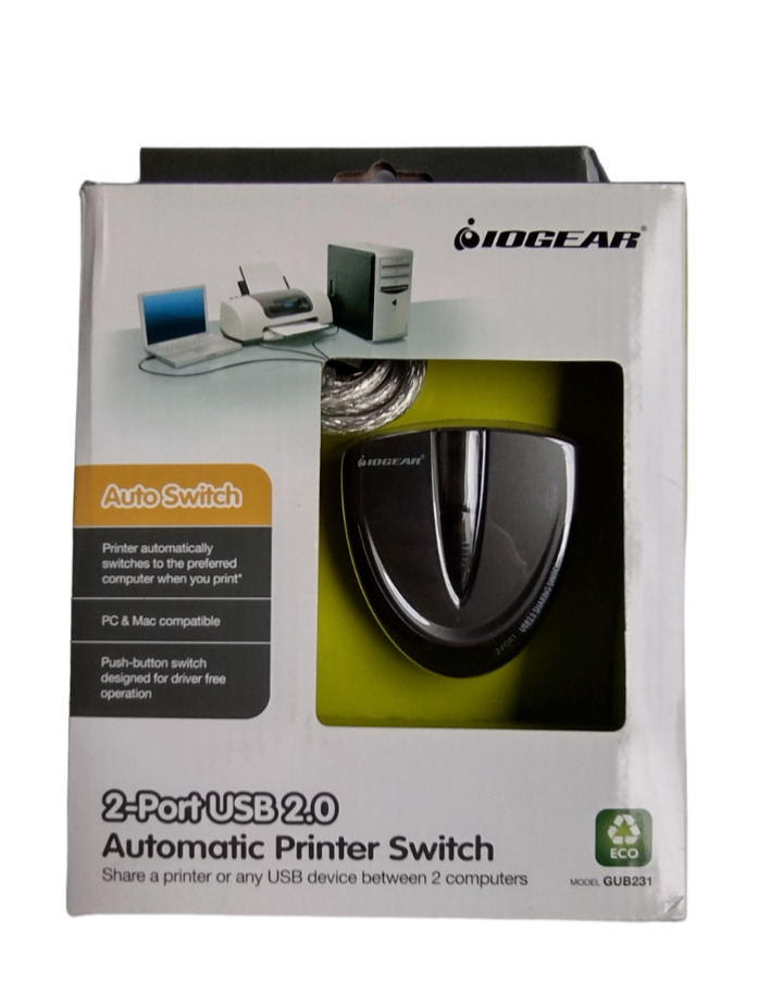 IOGEAR 2 Port USB 2.0 Switch Auto Printer Switch Manually or Auto Control - New
