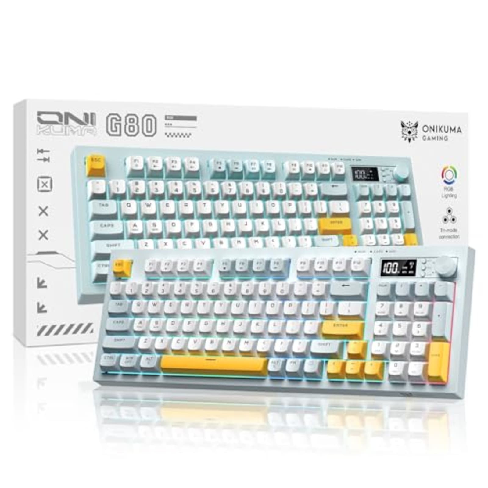 ONIKUMA G80 94-Key Tri-Mode Wireless RGB Keyboard Display Knob Green White