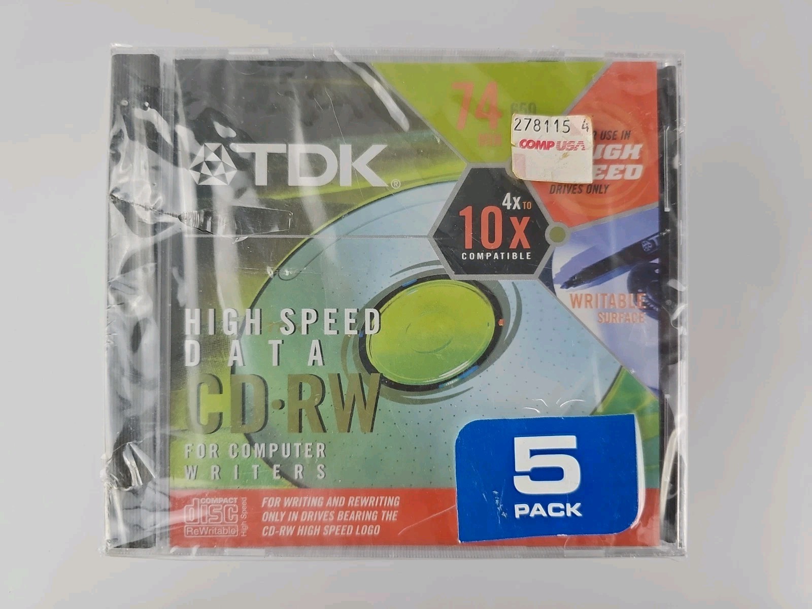 Lot Of 5 TDK High-Speed CD-RW 650MB 74Min Rewritable Data Discs 4-12x New Sealed