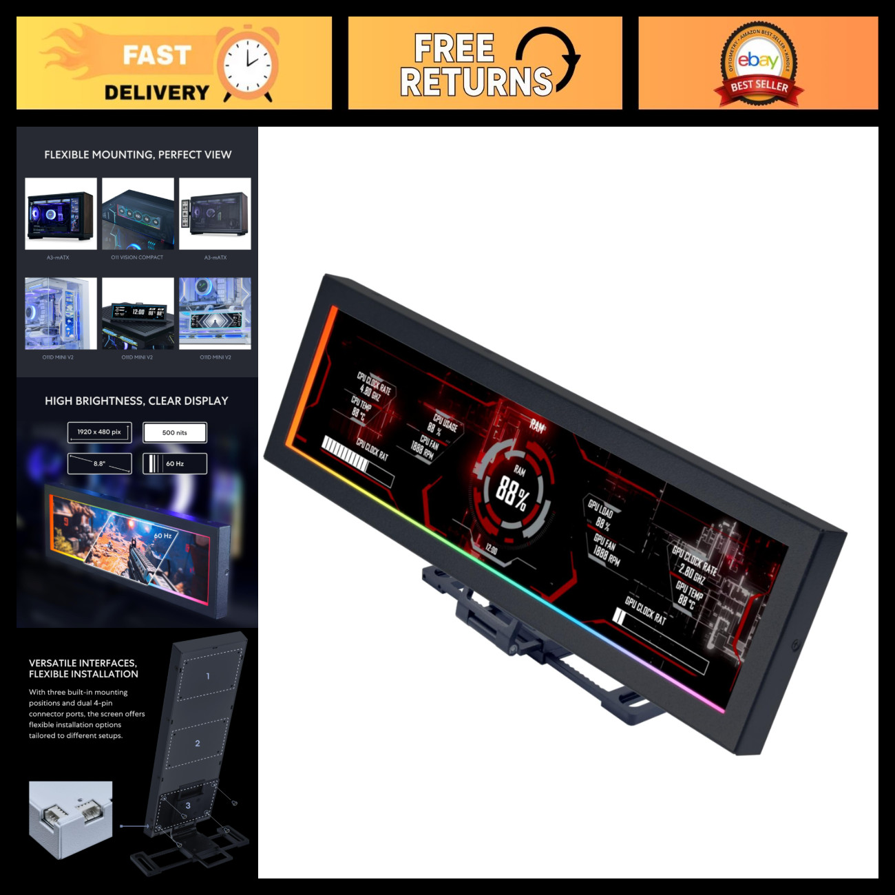 Universal 8.8" LCD Screen with ARGB Frame - Black, High-Quality Display Monitor