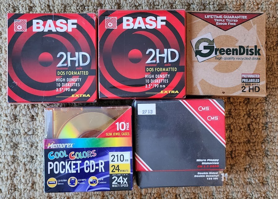 5 Boxes of Vintage Diskettes/Discs  - BASF, CMS, Green Disk, Memorex SEE PICS