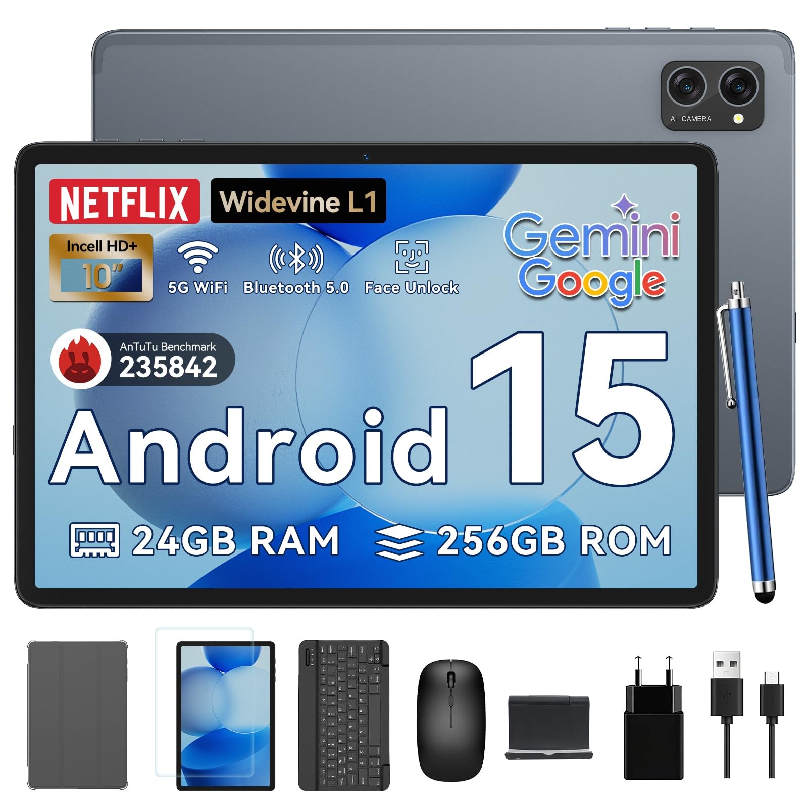 2025 Android 15 Tablet, 10.1" Incell, 24GB RAM, 256GB ROM, T606 Octa-Core