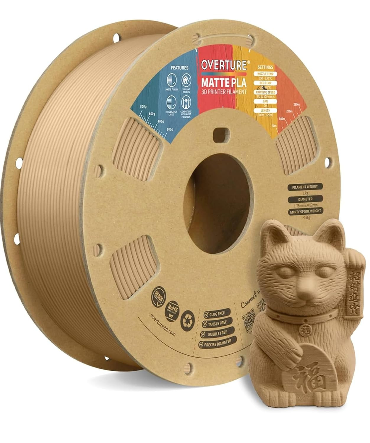 OVERTURE Matte PLA 3D Printer Filament 1.75Mm, Matt Surface & Low Warping Filame