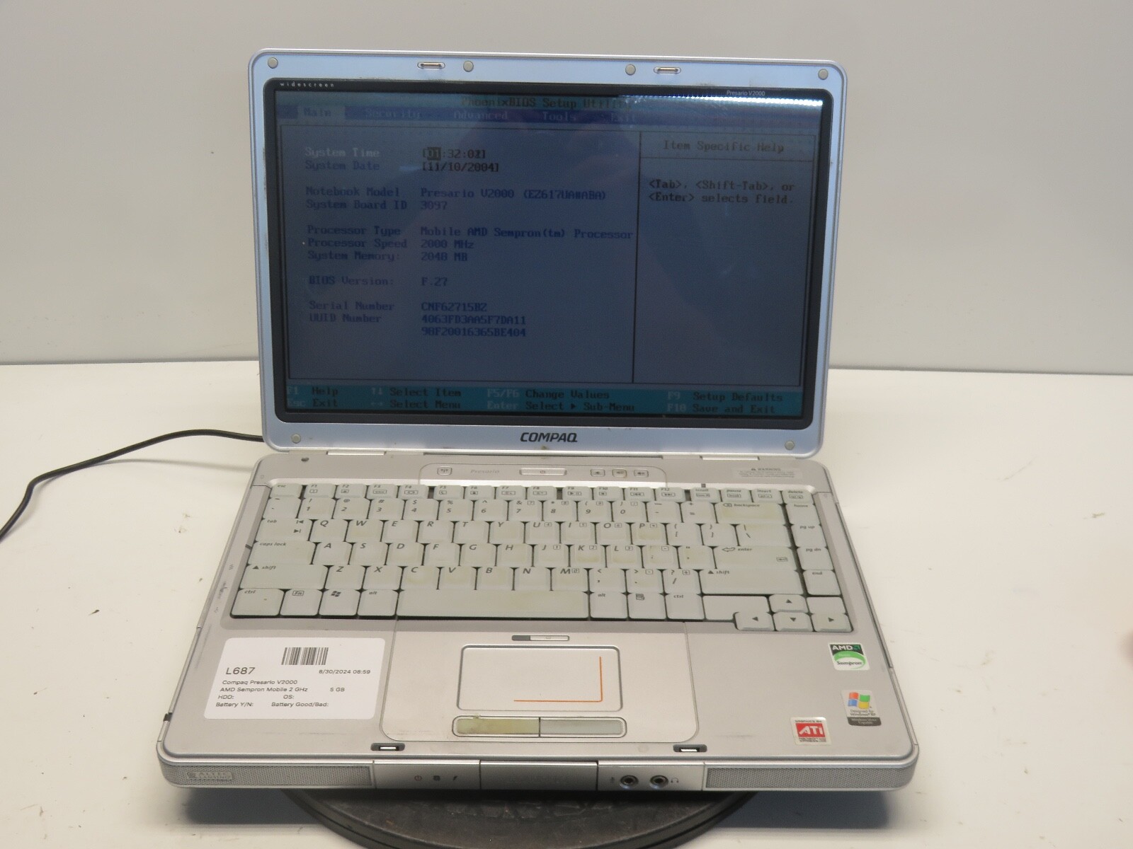 Compaq Presario V2000 AMD Sempron Mobile 2 GHz 5 GB  NO HDD No Batt