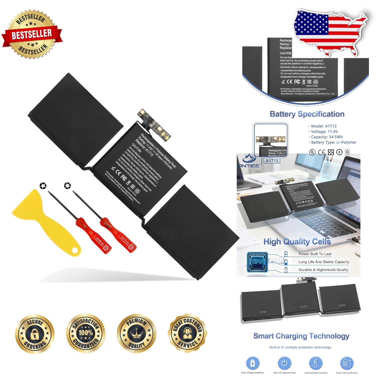 High-Capacity MacBook Pro 13" Battery A1713 A1708 A2159 A2289 A2338  Cert