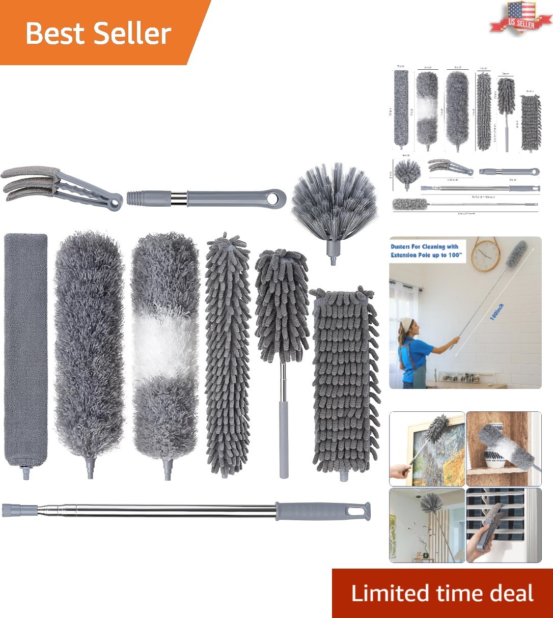 Versatile Feather Duster Set - Extendable to 100'' for High & Low Cleaning Needs