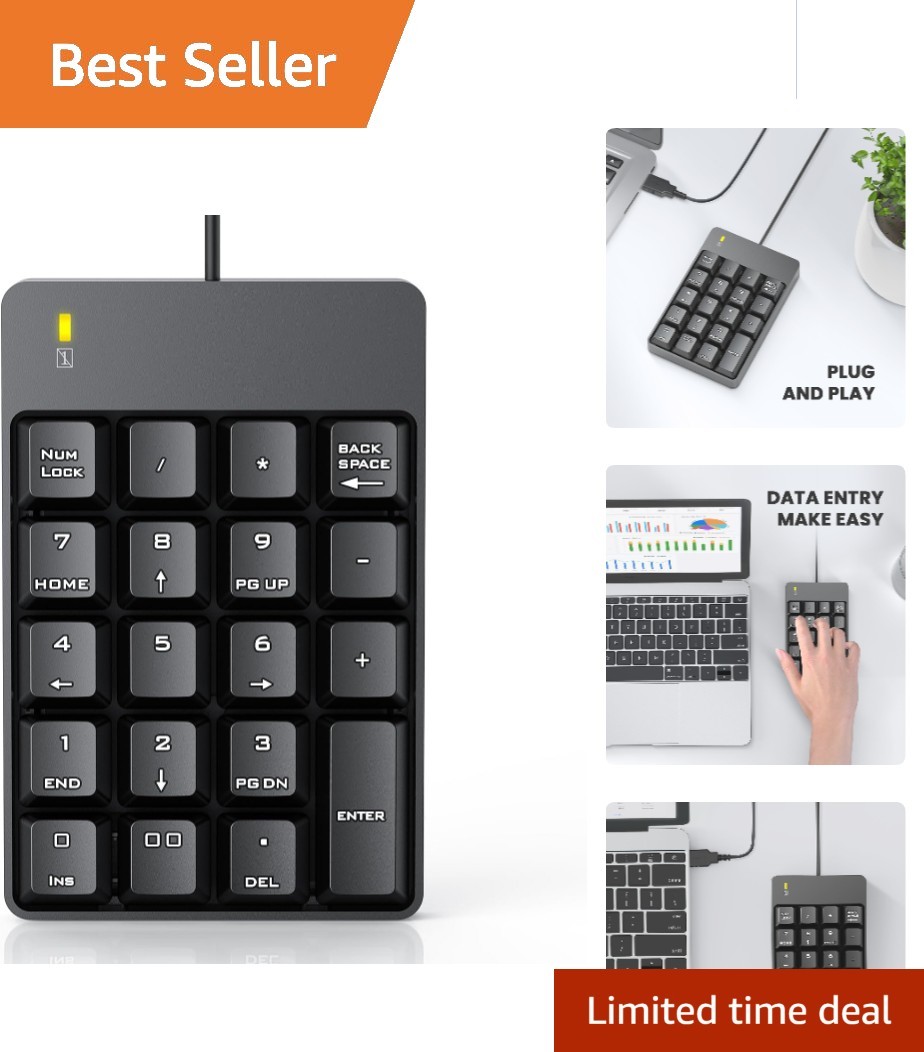 USB Wired 19-Key Numeric Keypad with Ergonomic Design - Big Print Letters