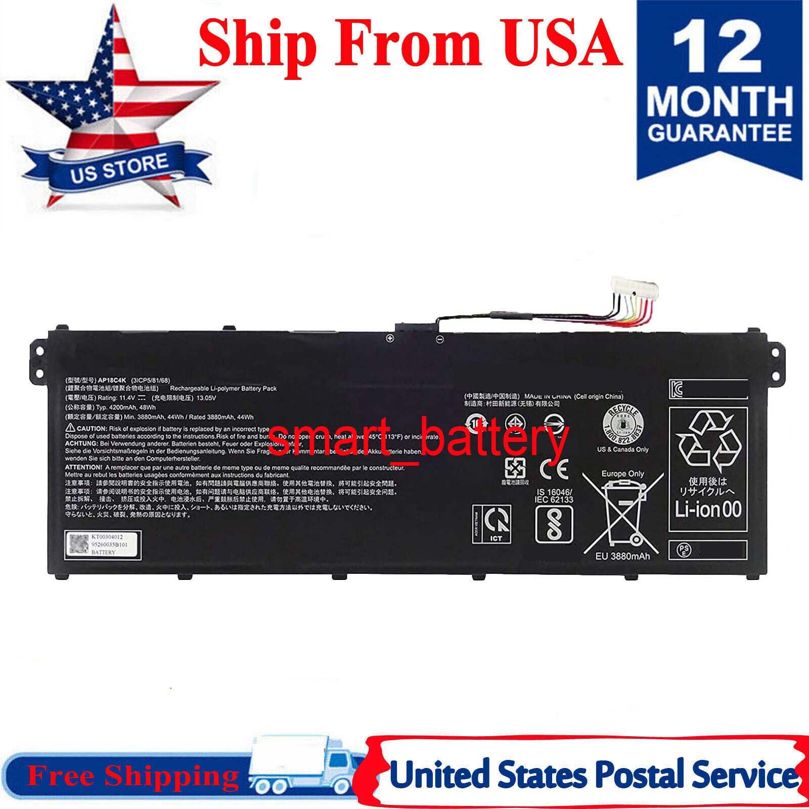 AP18C4K Battery for Acer Spin 3 SP313-51N SP314-54N Series 3ICP5/81/68 48Wh USA