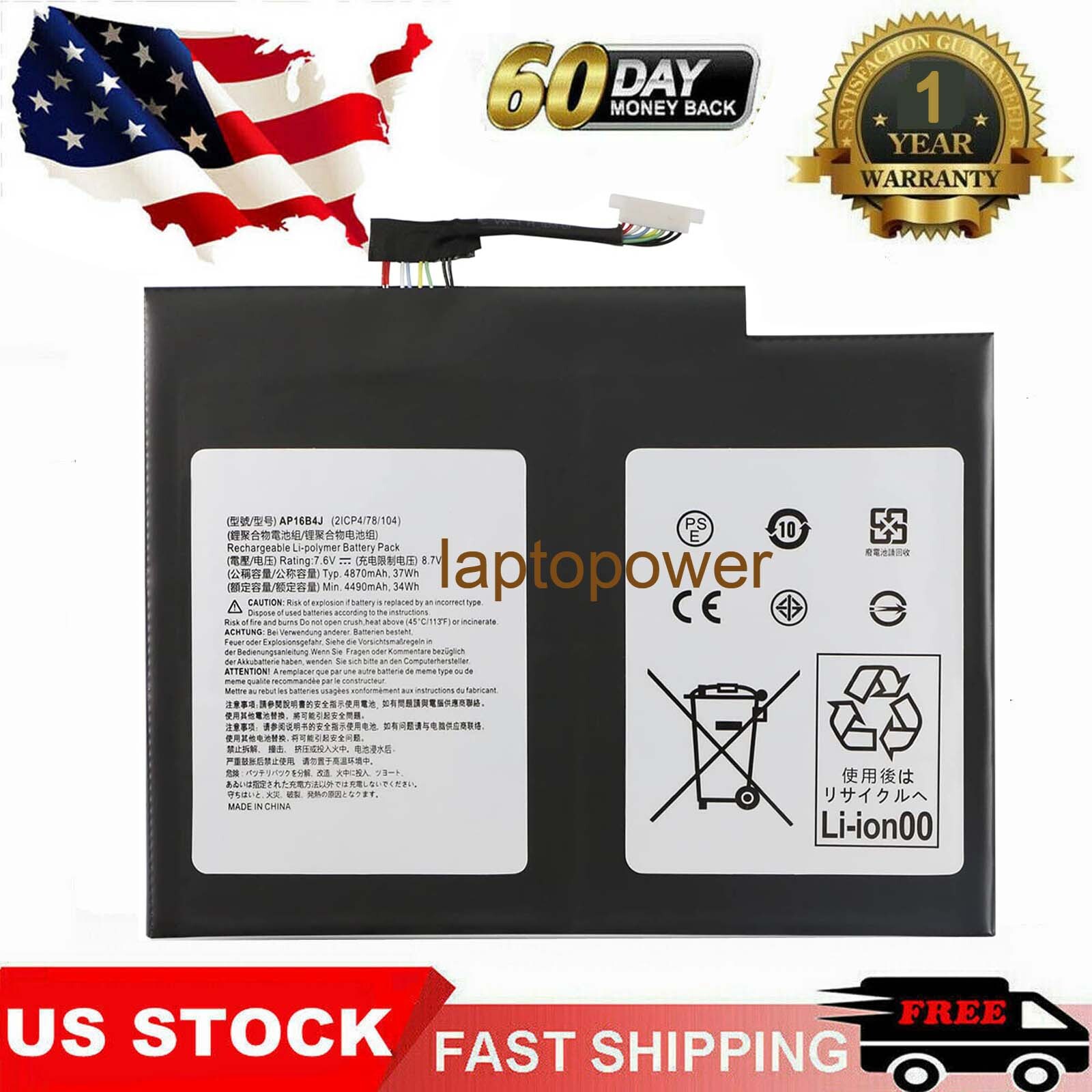 AP16B4J 2ICP4/78/104 Battery for Acer Aspire Switch Alpha 12 SA5-271 SA5-271P