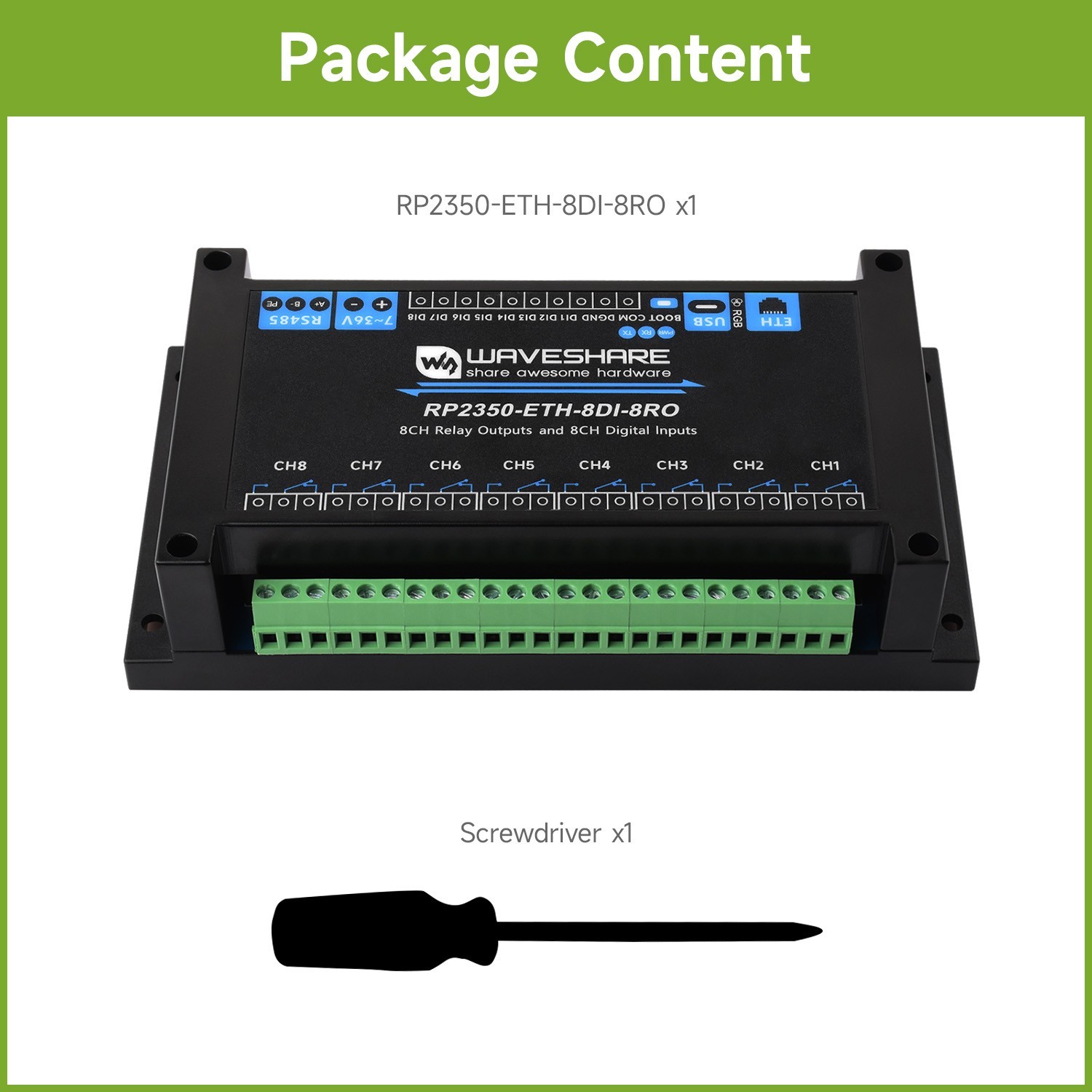 Waveshare Industrial 8-Channel RP2350 Relay Module RP2350 Dual-core RS485 Ethern