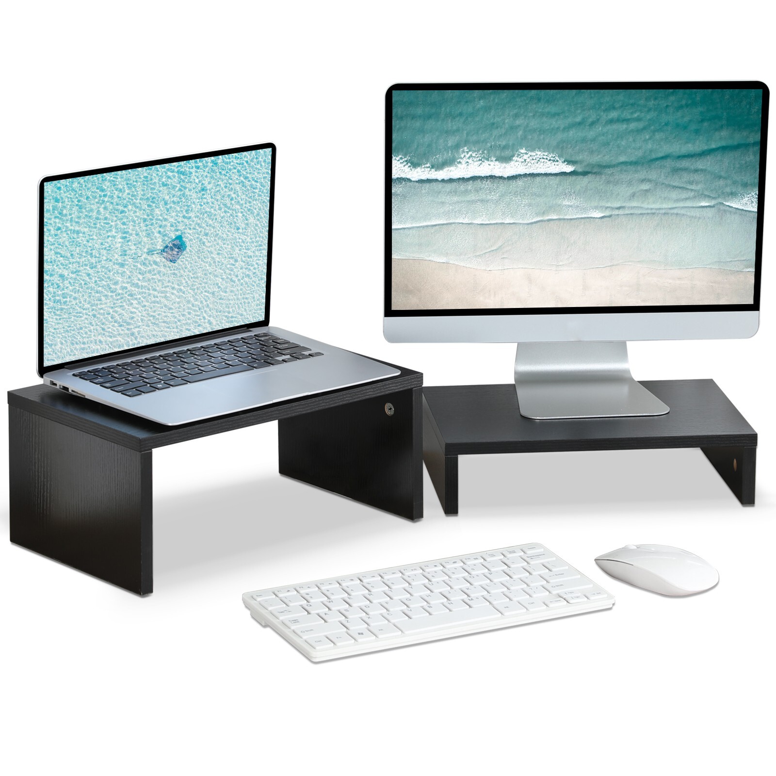 2 Pack Monitor Stand Riser,Wood 2 Tier Adjustable for 2 Monitors/Laptop/PC Black