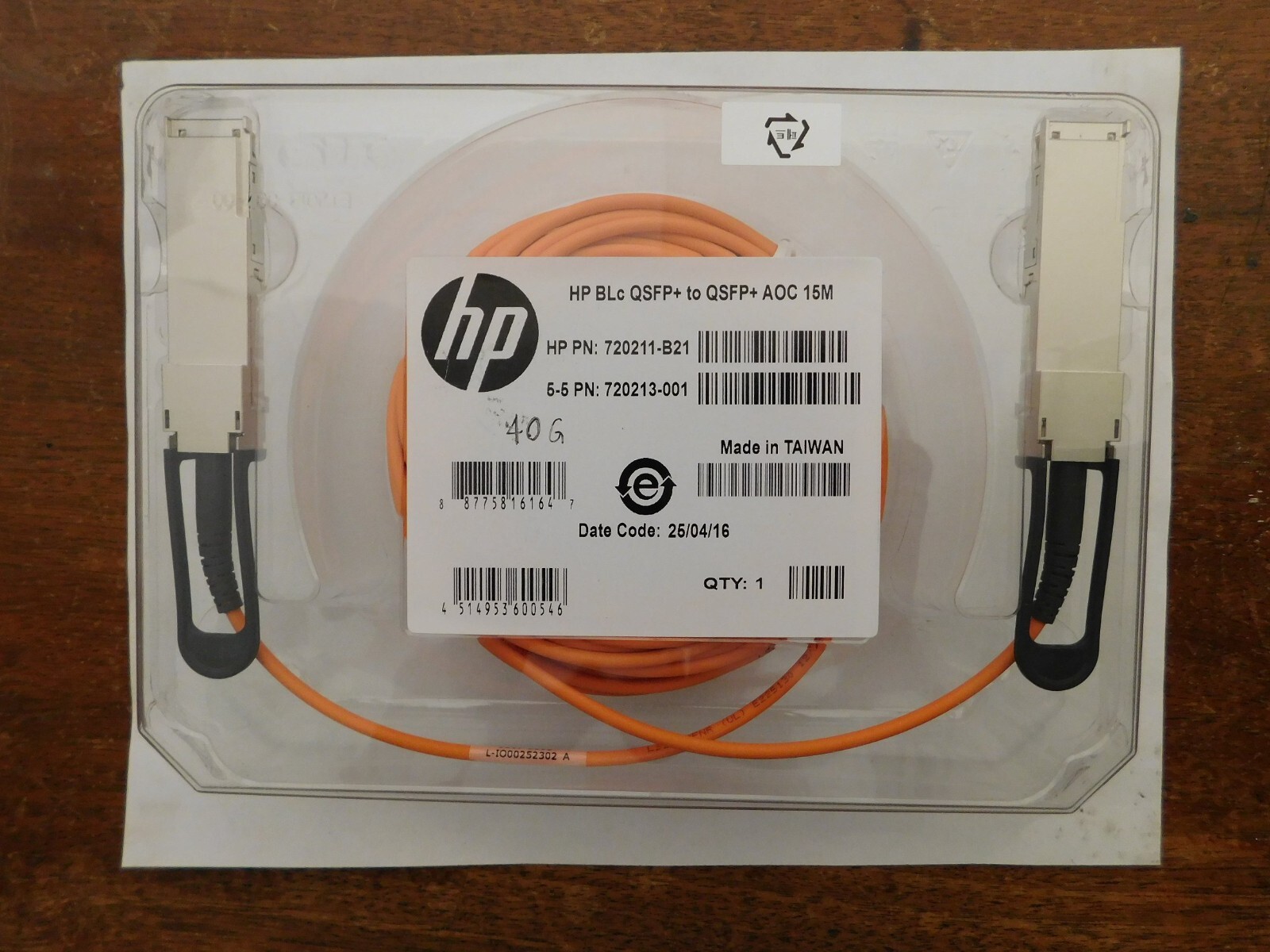 HPE Blc-Class 40G QSFP+ to QSFP+ 15M Active Optical Cable AOC HP# 720211-B21