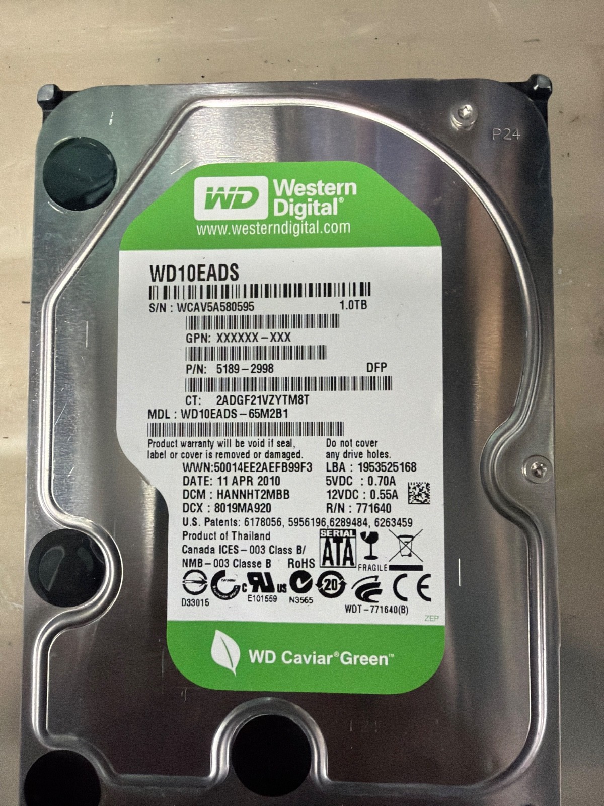 Western Digital Marvell - WD10EADS-65M2B0 - 1TB - HANCNT2MA - 70.3GD - SN: WMAV5