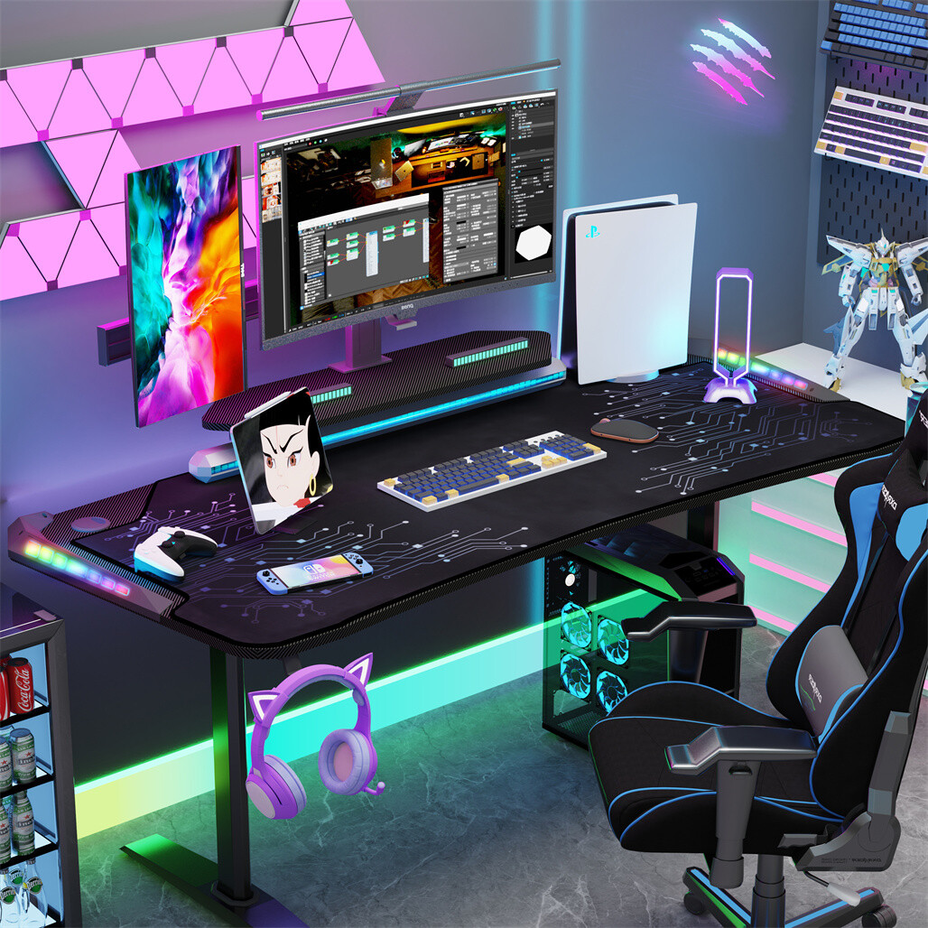 71"Ergonomic Gaming Desk Cool RGB Led Computer Workstation Table w Monitor Shelf