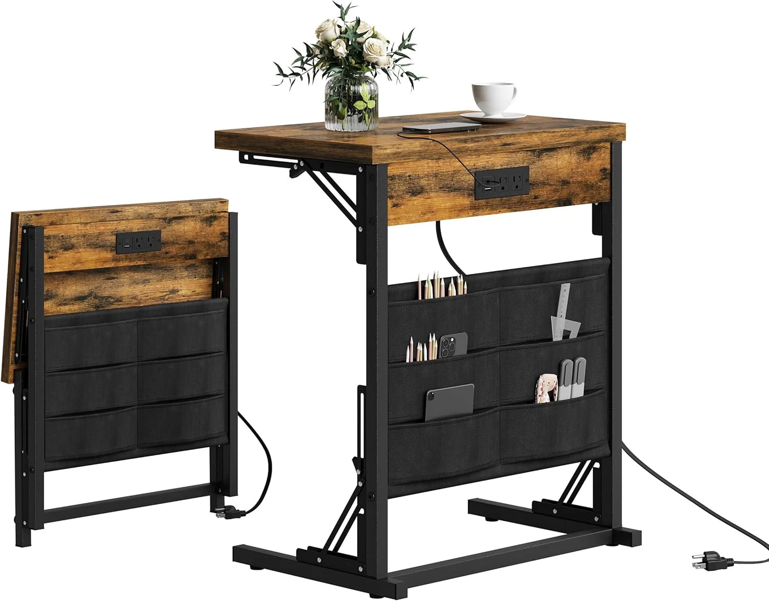 Foldable C-Shaped Table with Charging Station, Folding TV Tray End Table for Sma