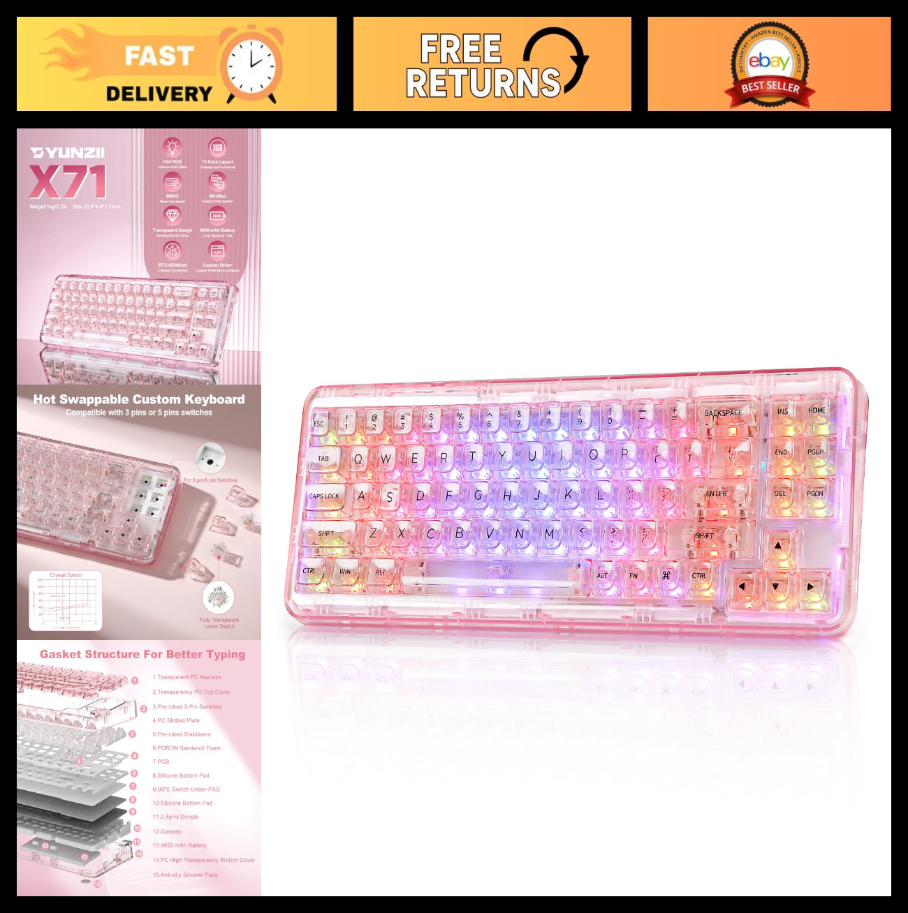 Wireless Hot Swappable Mechanical Keyboard, 68% Layout, RGB Backlit, BT5.0/USB-C