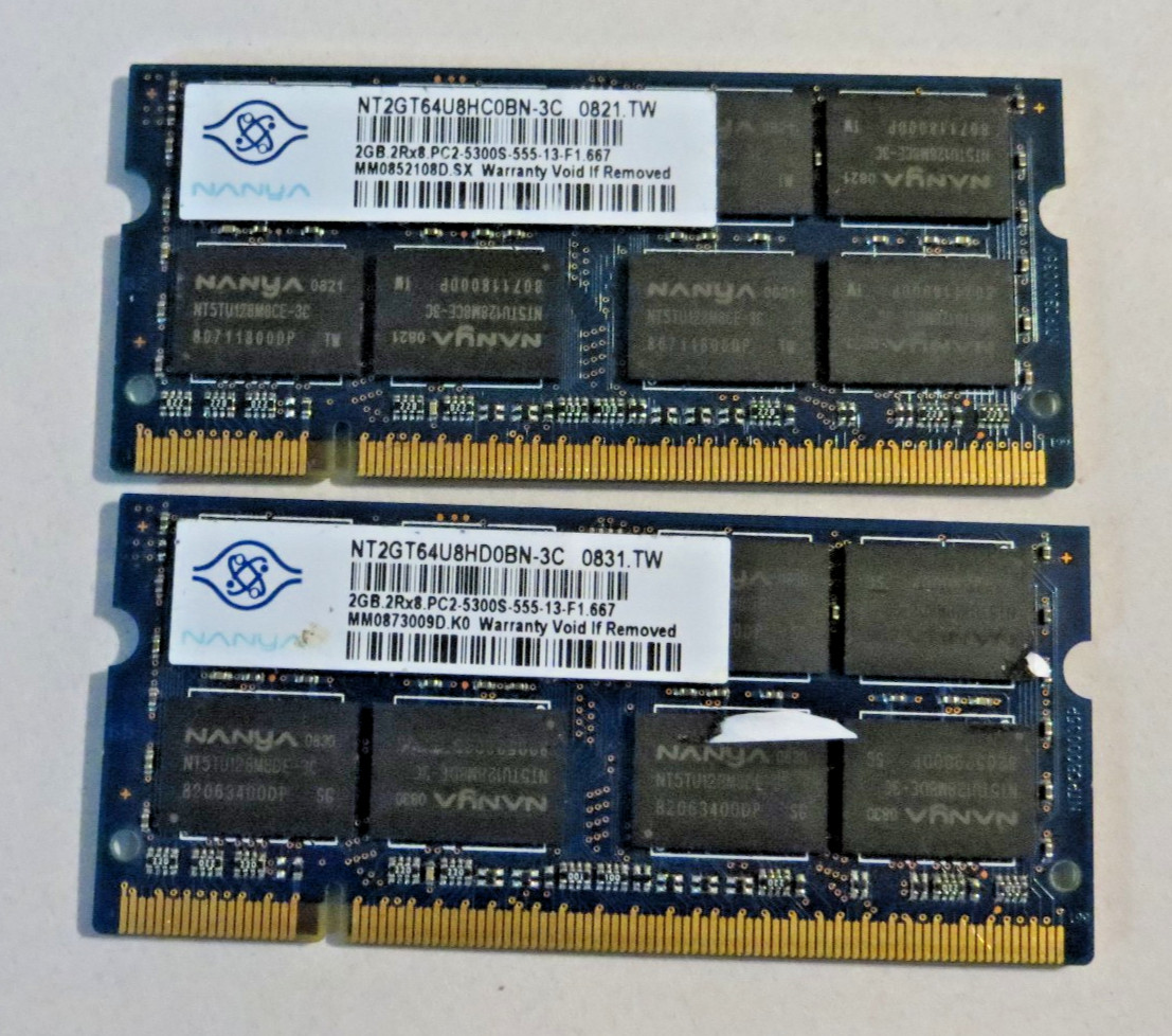 4GB Kit 2x2GB DDR2 667MHz PC2-5300S Laptop RAM Nanya NT2GT64U8HC0BN-3C Pair