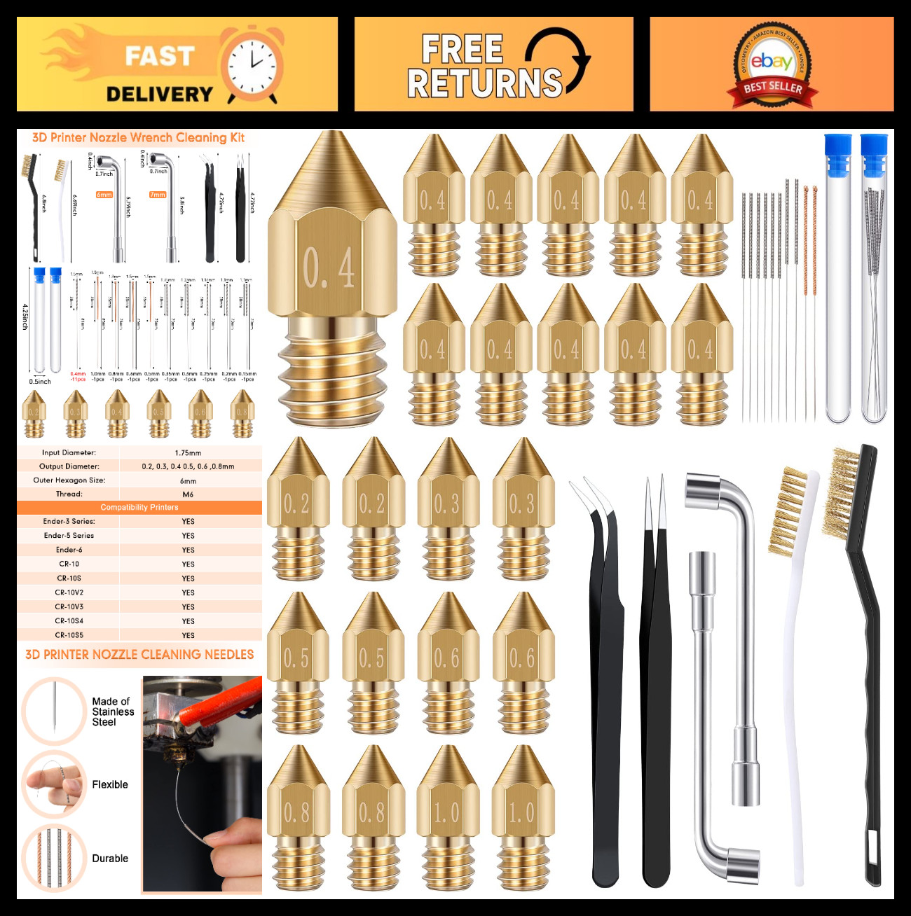 50-Piece 3D Printer Nozzle Cleaning Kit - 19 Stainless Steel Needles & 23 MK8 No