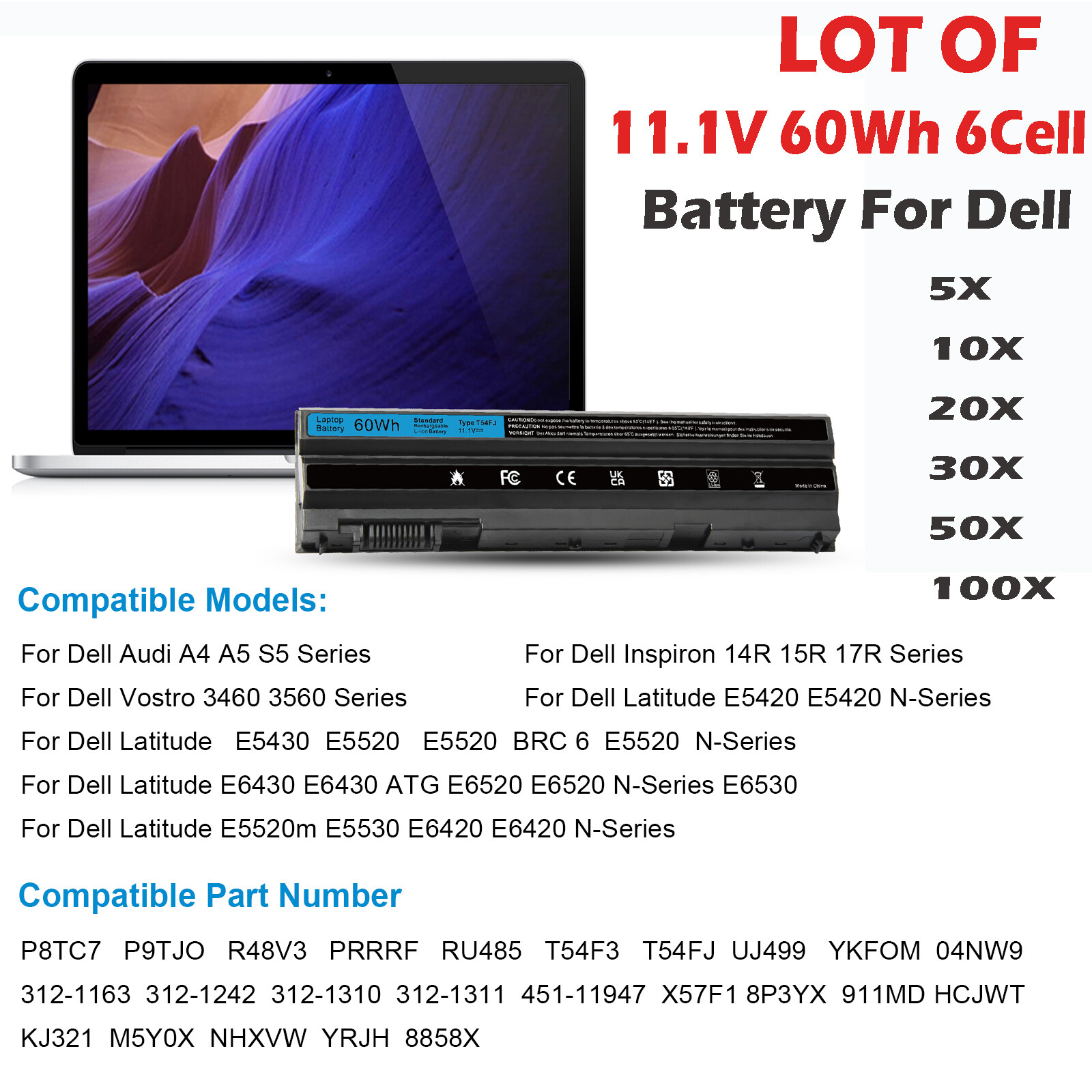 🧡LOT OF T54FJ 8858X 7420 Battery For Dell Latitude E5420 E6420 E6430 E6520 60WH