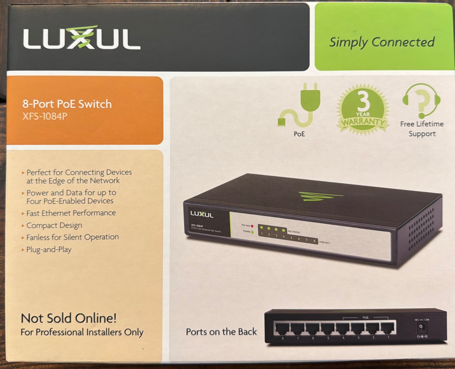 Luxul XFS-1084P 8-Port Fast Ethernet PoE Switch 4 PoE Ports 57W Silent Fanless