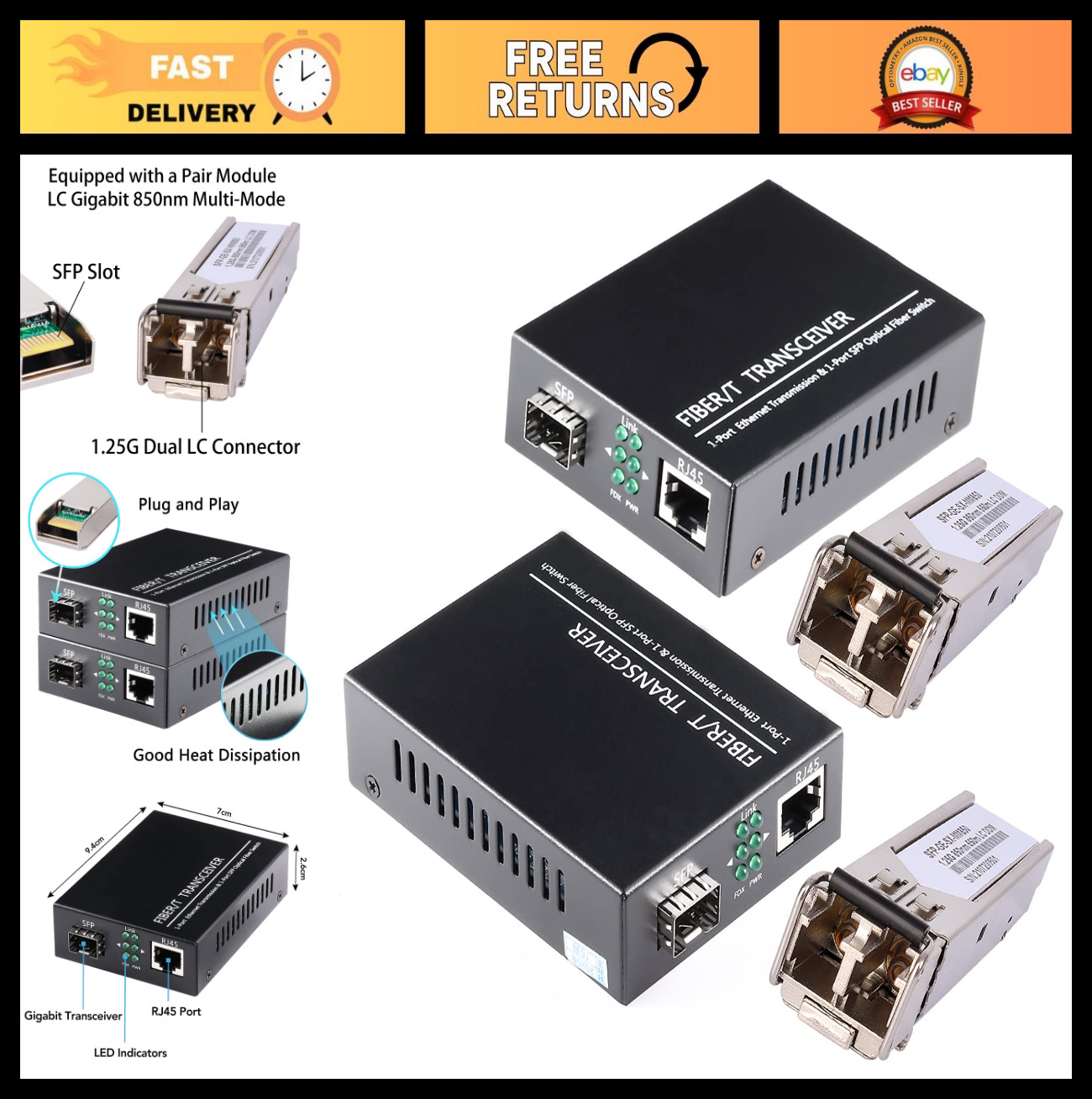 1.25G Bidi Gigabit Multi-Mode Fiber Ethernet Media Converter + 2 SFP Modules, 55