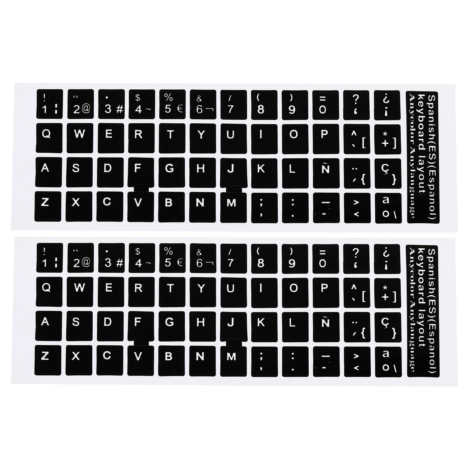 2 x Spanish Keyboard Stickers Cover Smooth Black Background White Lettering