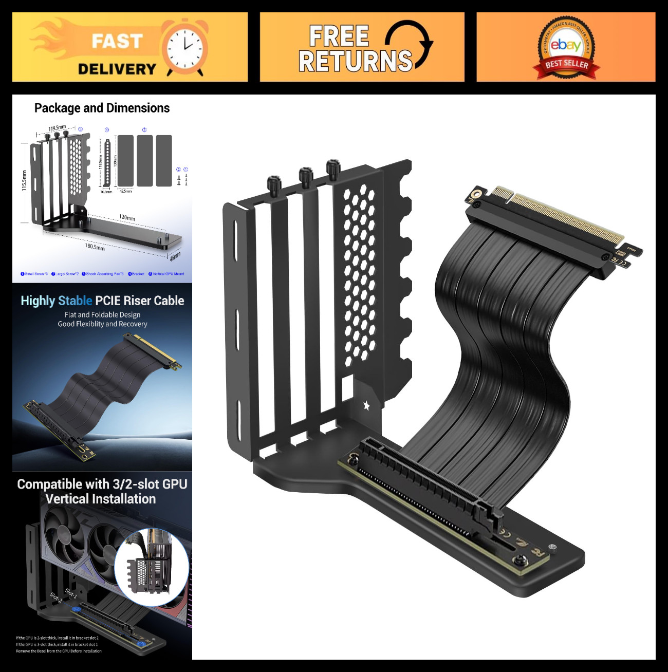 Vertical GPU Mount with PCIe 4.0 Riser Cable 200mm, Graphics Card Holder for ATX