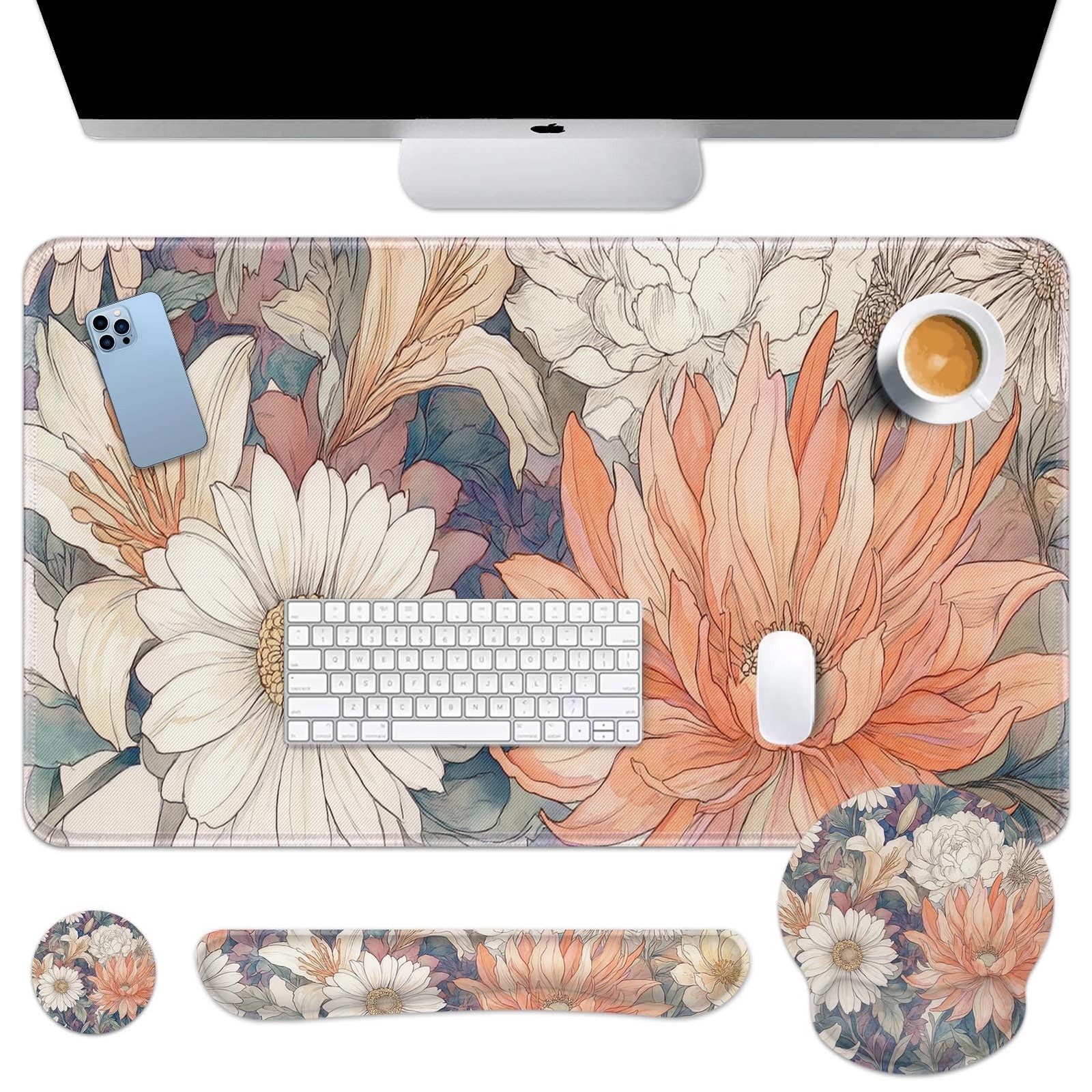 Keyboard Mouse Pad Set, 4 in 1 Desk Mat Set, Boho Aesthetic Flower