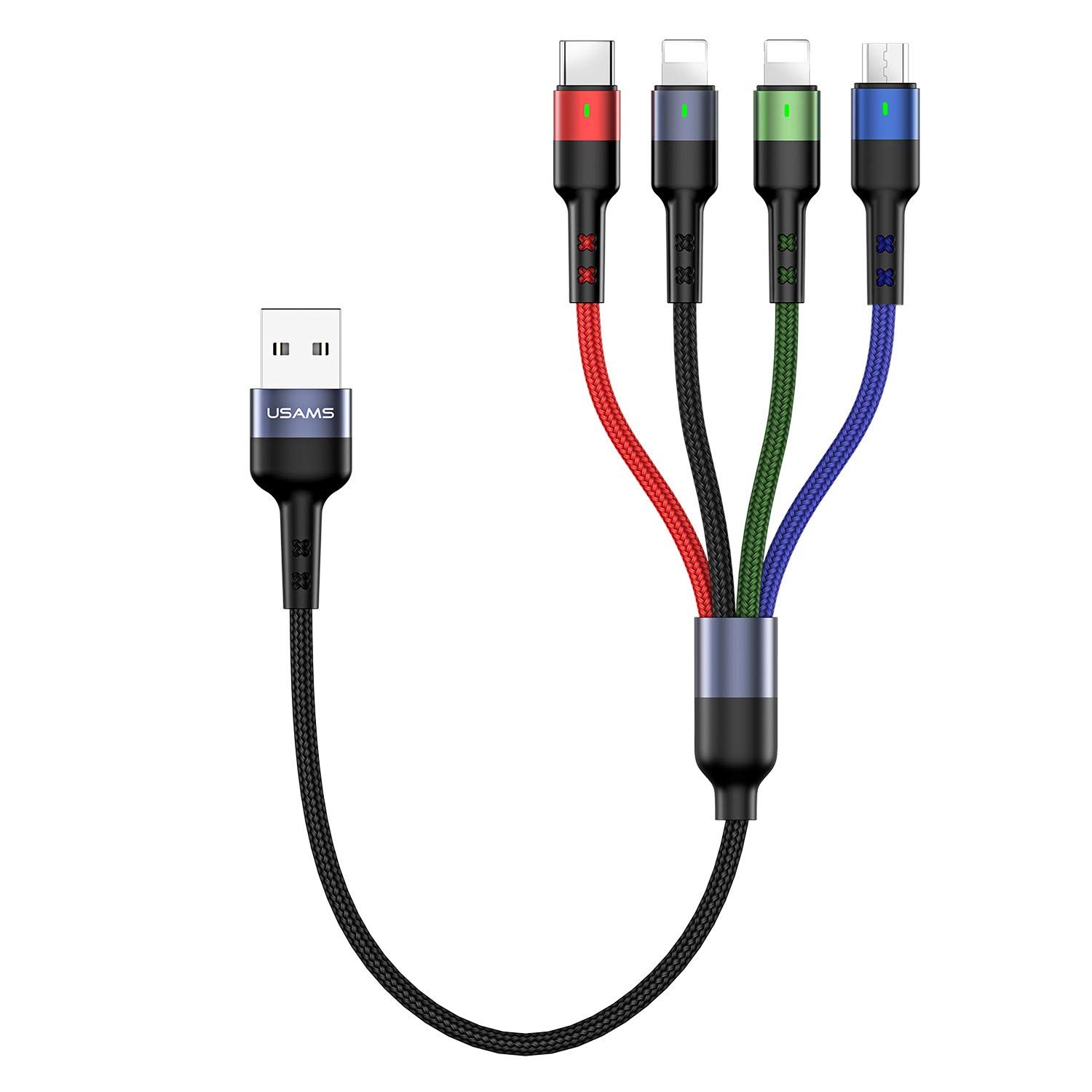 USAMS 2Pack Multi Charging Cable Nylon Braided Short 1FT 4 1ft, Multicolored 
