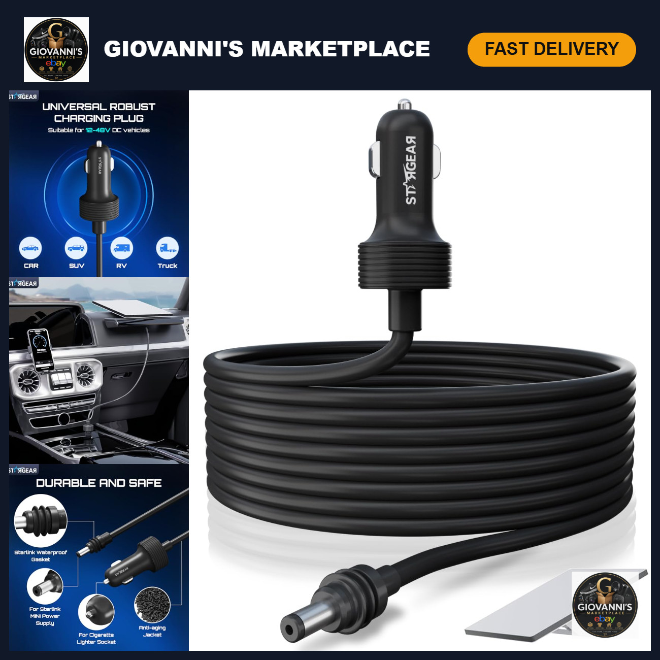 12V Power Cable 5M for Starlink Mini, 16AWG Car Charger Adapter, DC Cord