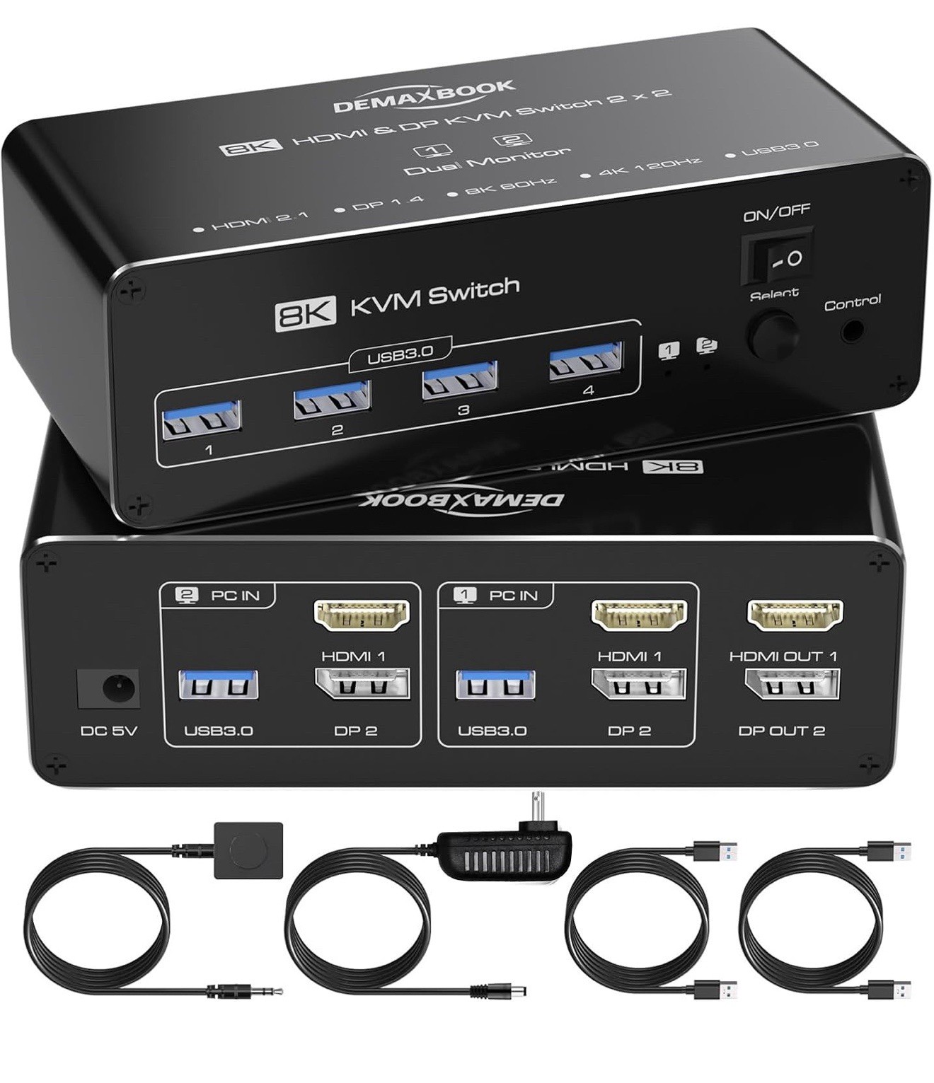 DEMEXBOOK Dual Monitor KVM Switch 8K@60Hz / 4K@144Hz HDMI DP – 2 PCs 2 Monitors