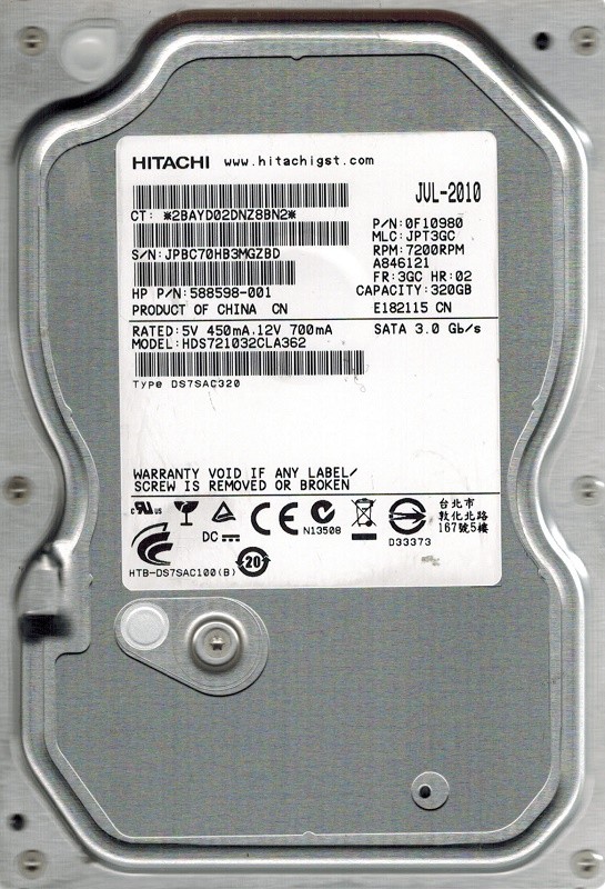 Hitachi HDS721032CLA362 P/N: 0F10980 MLC: JPT3GC 320GB