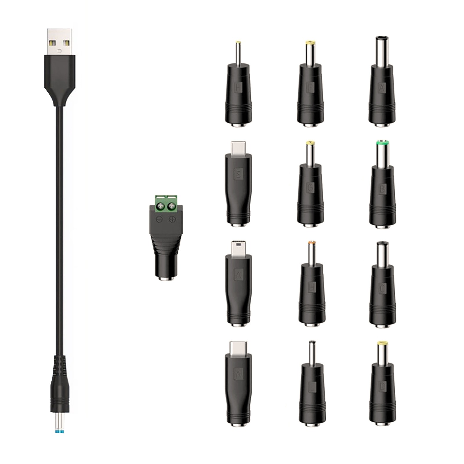 1*USB to DC 5V Power Cord, Universal DC 5.5x2.1mm Cable with 13 Connectors